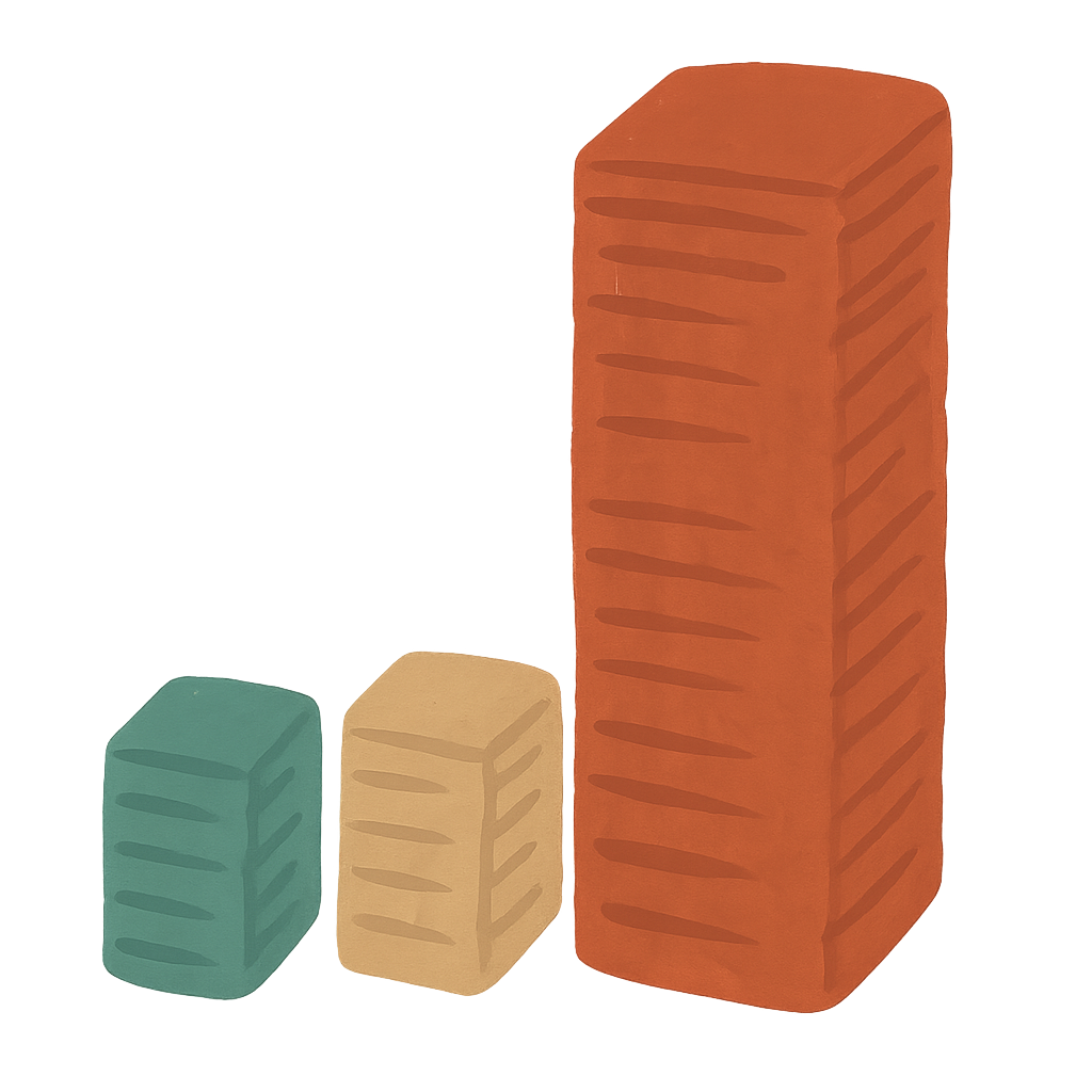Three painted card stacks, two small ones in jade and oat beside a third more than twice their height