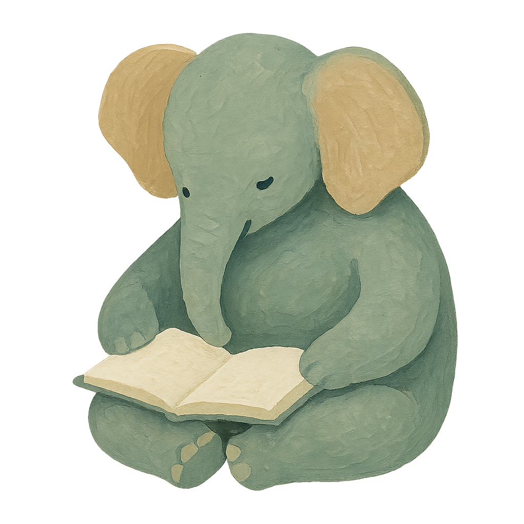 The Phayan elephant sitting cross-legged, bent over an open book with its eyes lowered to the page