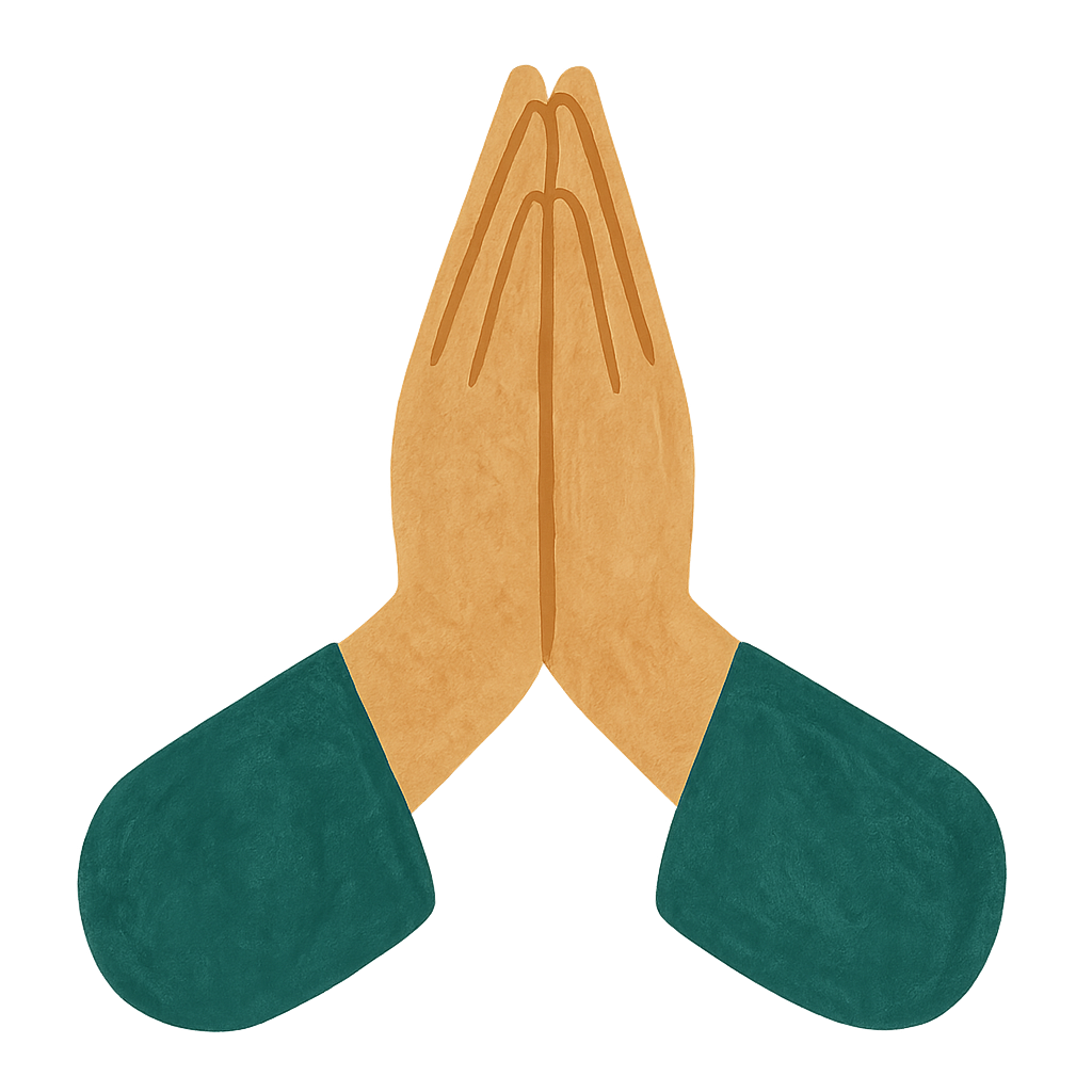 A pair of hands painted in gouache, pressed palm to palm in a wai, oat hands above jade sleeves