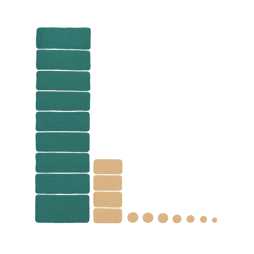 Gouache illustration of a tall block of stacked jade bars, a much shorter stack of oat bars beside it, and a trailing line of tiny oat specks