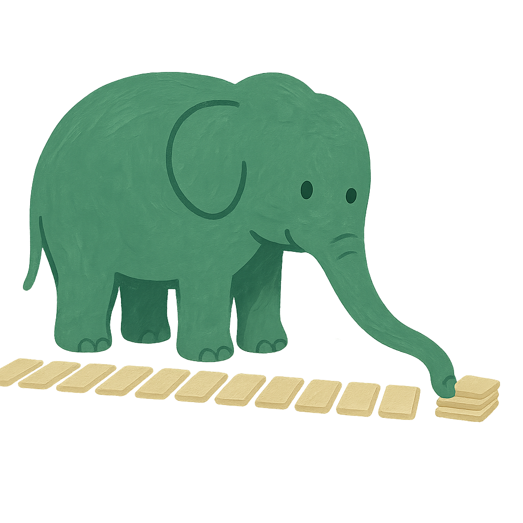 The Phayan elephant in jade gouache using its trunk to gather a few tiles from a long row of oat-coloured tiles into a small pile
