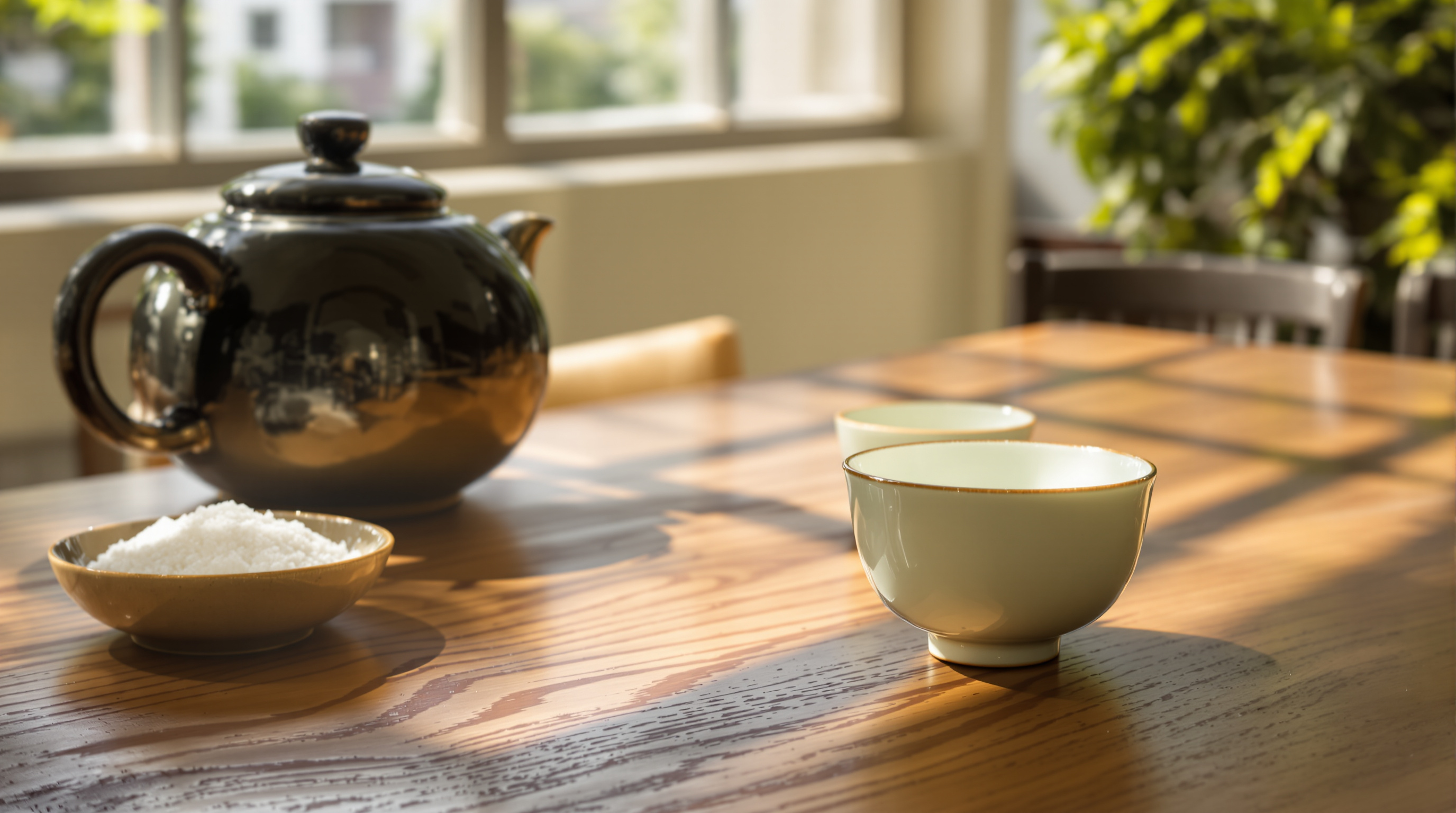 Two identical pale celadon tea cups on a sunlit wooden table beside a dark glazed teapot and a small dish of sugar