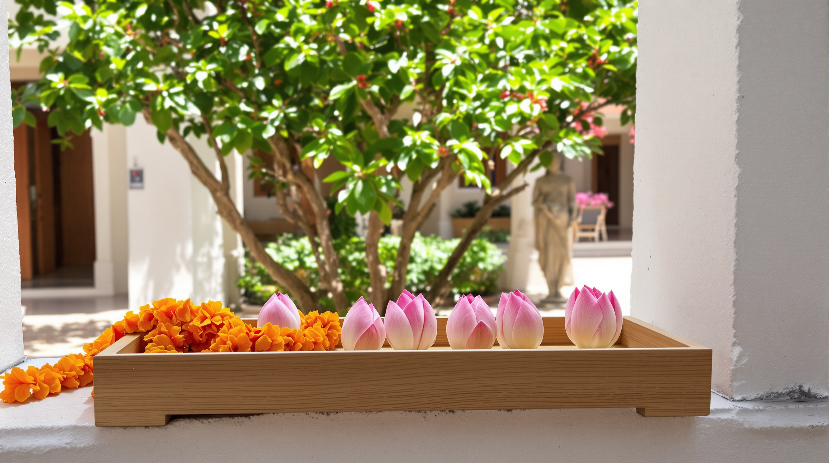 A light wooden offering tray holding closed pink lotus buds and a coil of orange marigold garland on a whitewashed ledge in a sunlit temple courtyard