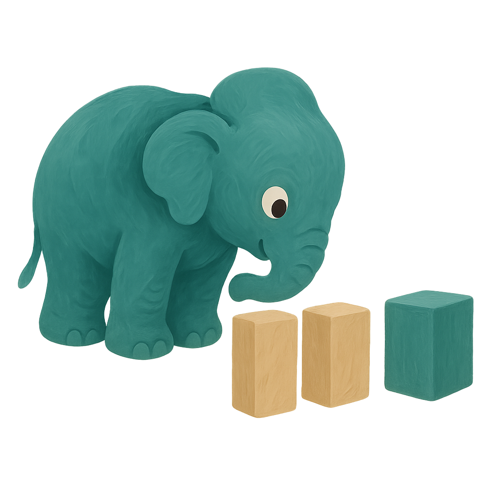 Gouache illustration of the Phayan jade elephant leaning over two identical oat-coloured wooden blocks, with a jade block standing just beyond them