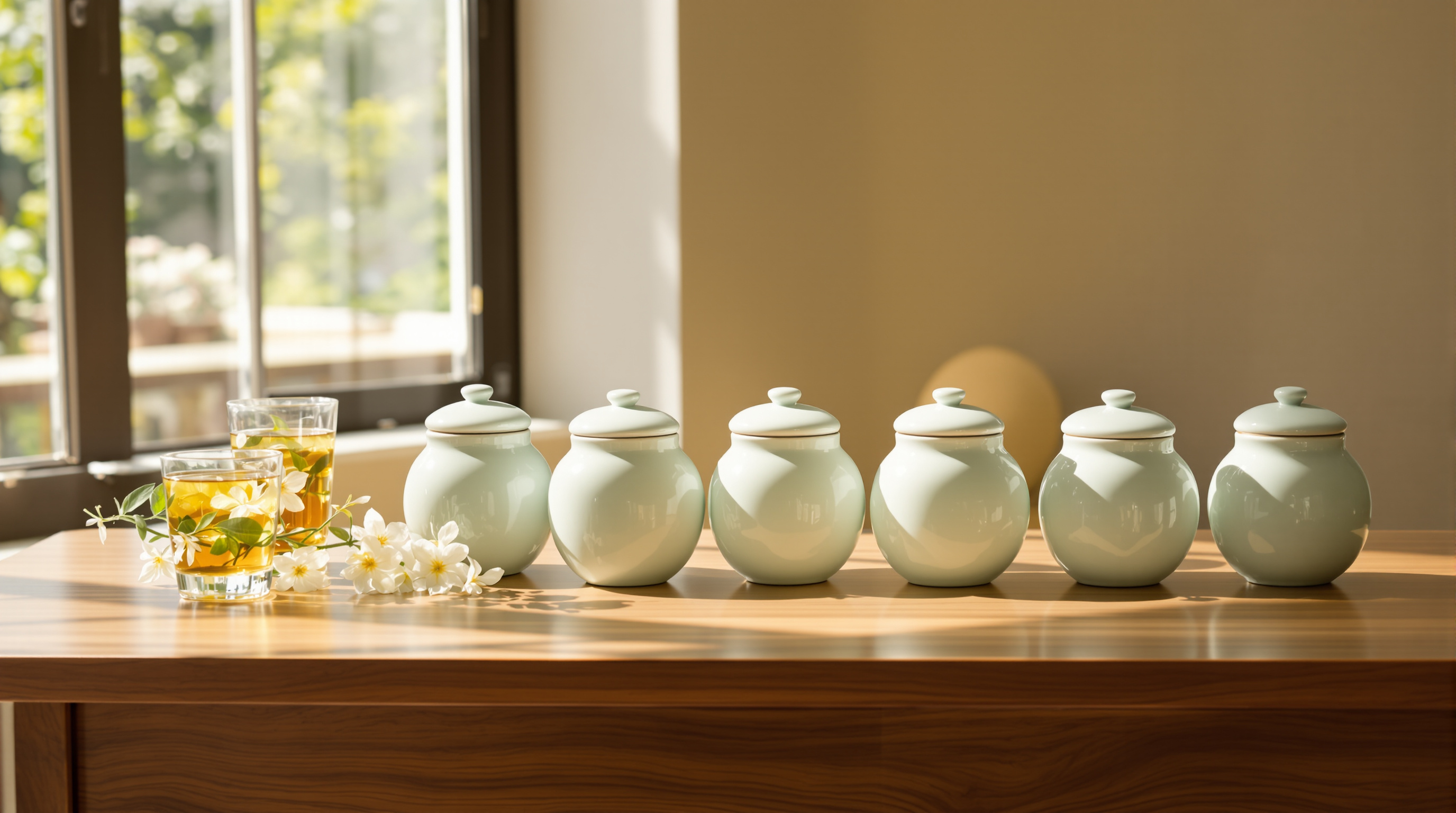 A row of pale celadon jars with their lids on, standing on a sunlit teak table beside a glass of iced tea and a sprig of jasmine