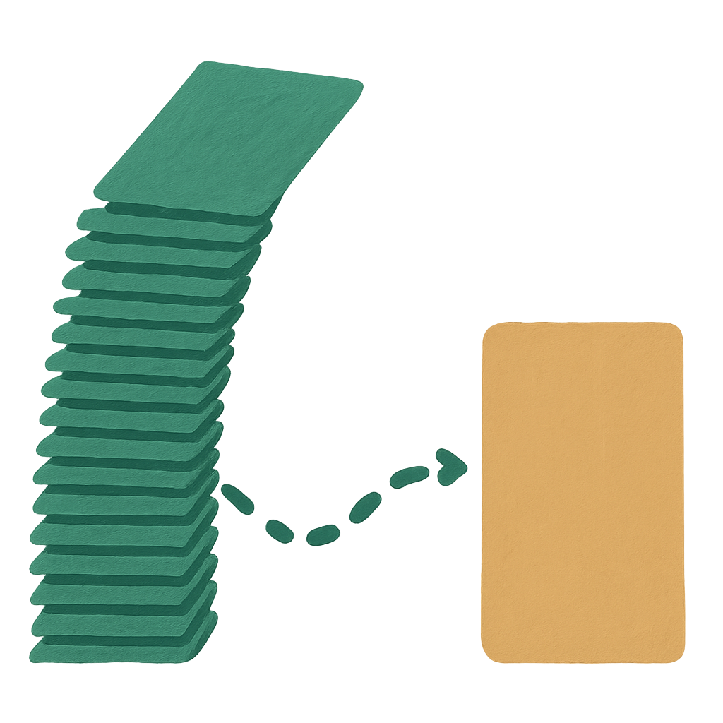 A tall stack of thin jade cards on the left with a curved dotted trail arcing across to a single oat-coloured card on the right