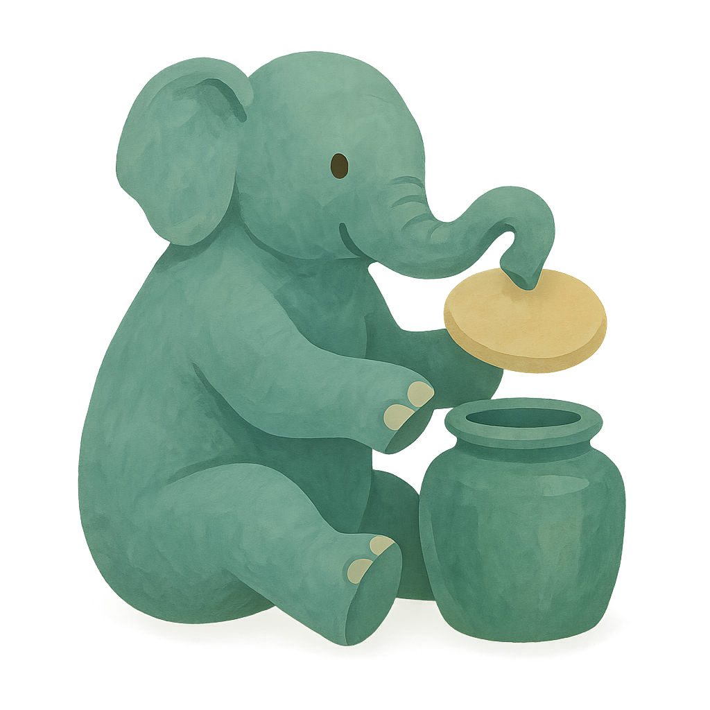 The Phayan elephant sitting and lowering a round oat-coloured lid onto an open jade jar with its trunk