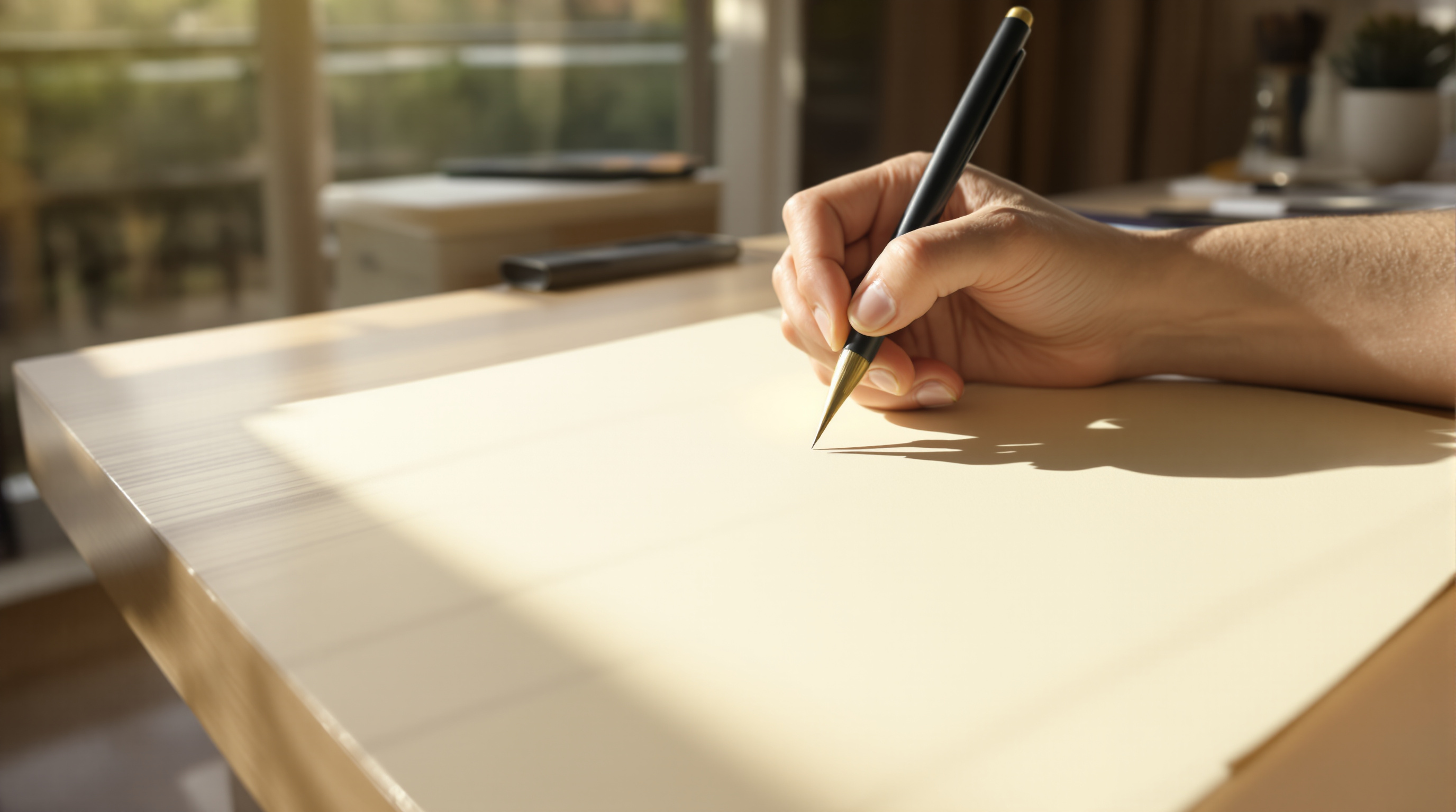 A hand holding a fine pen just above a sheet of cream paper on a pale wooden desk in morning sun