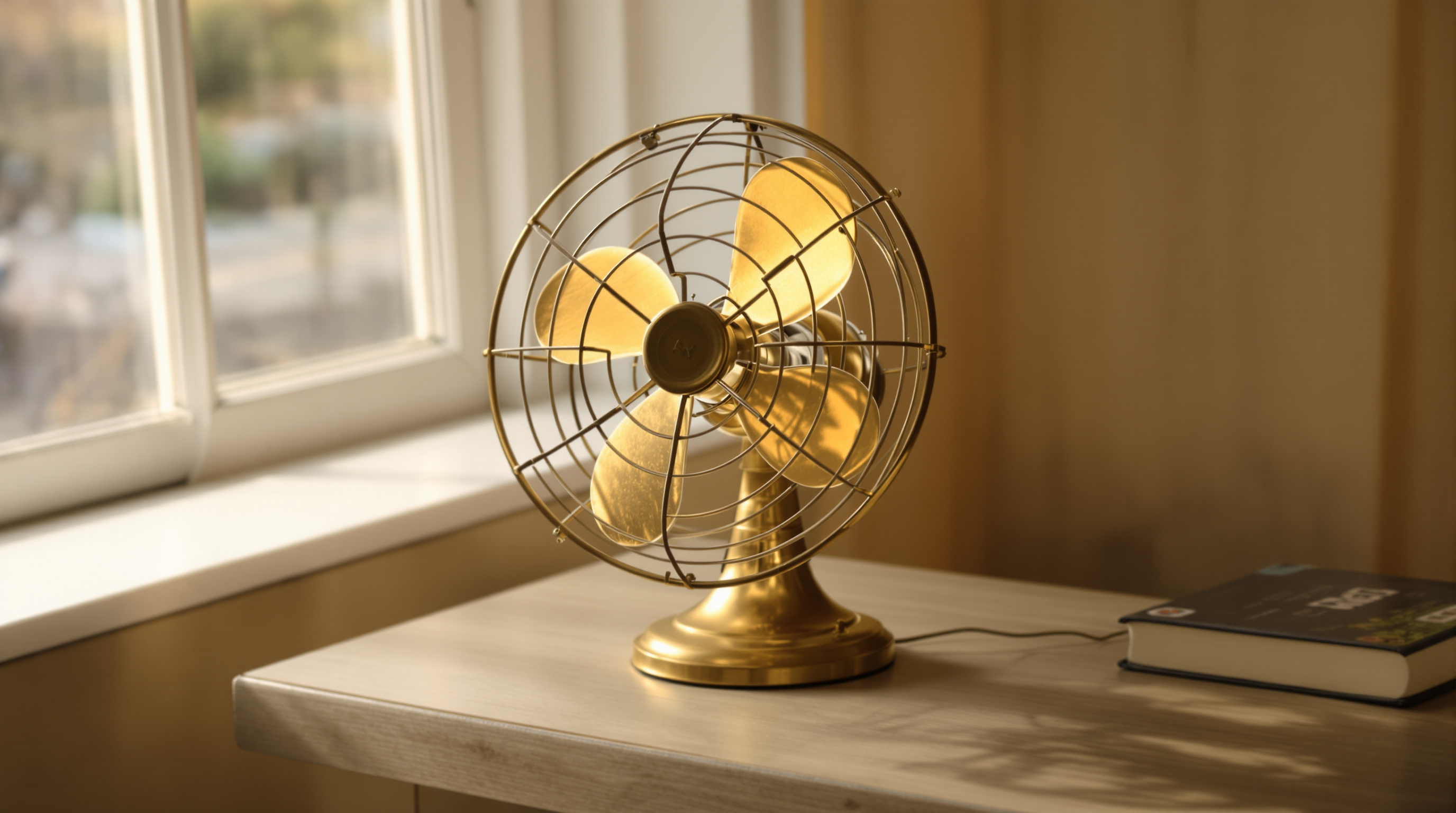 A brass desk fan standing still on a windowsill in afternoon light, each blade separate and countable