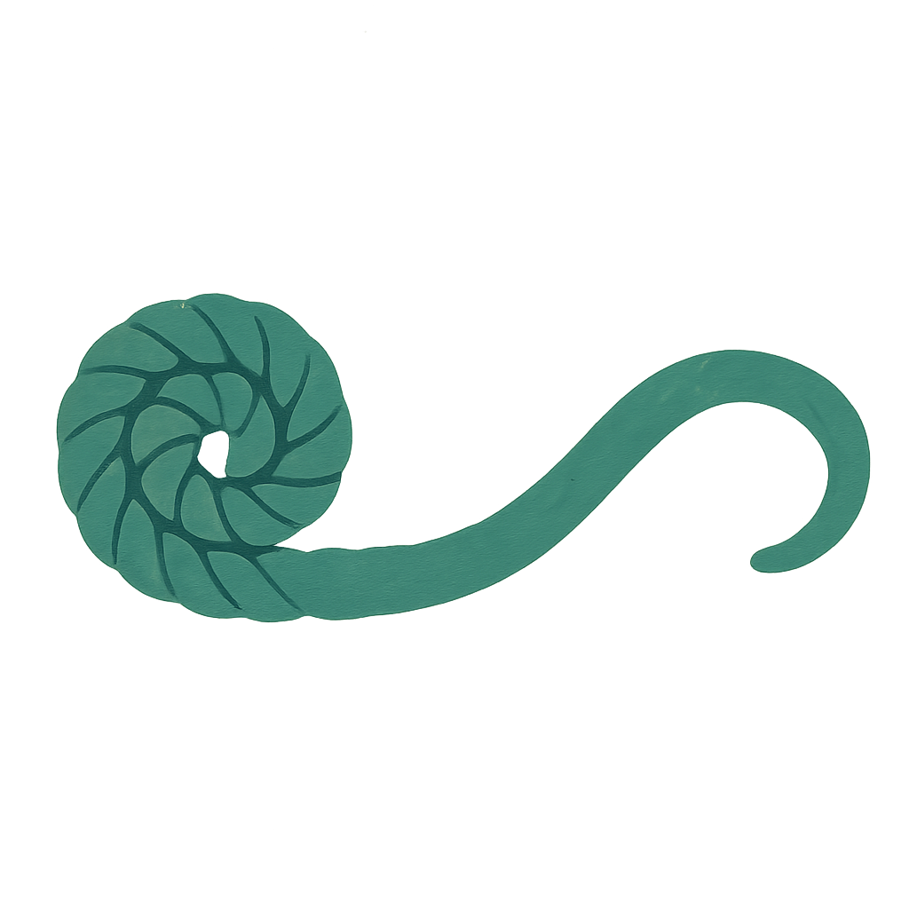 A painted green fern frond, tightly coiled at one end and unwinding into a loose open curve at the other