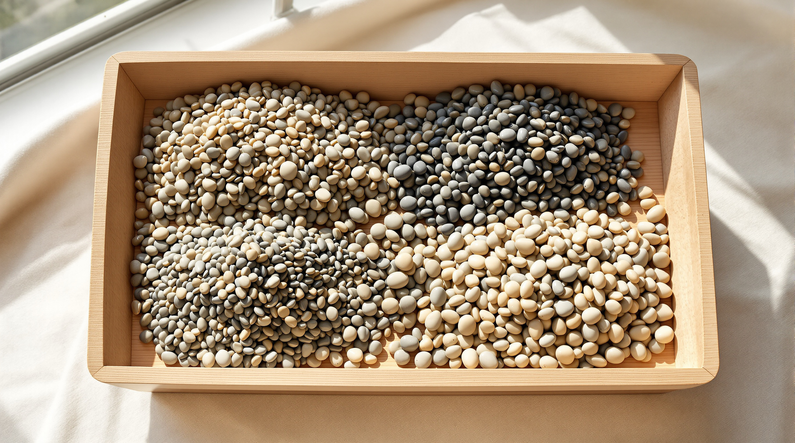 A wooden tray of beans and pebbles sorted into four heaps of different sizes