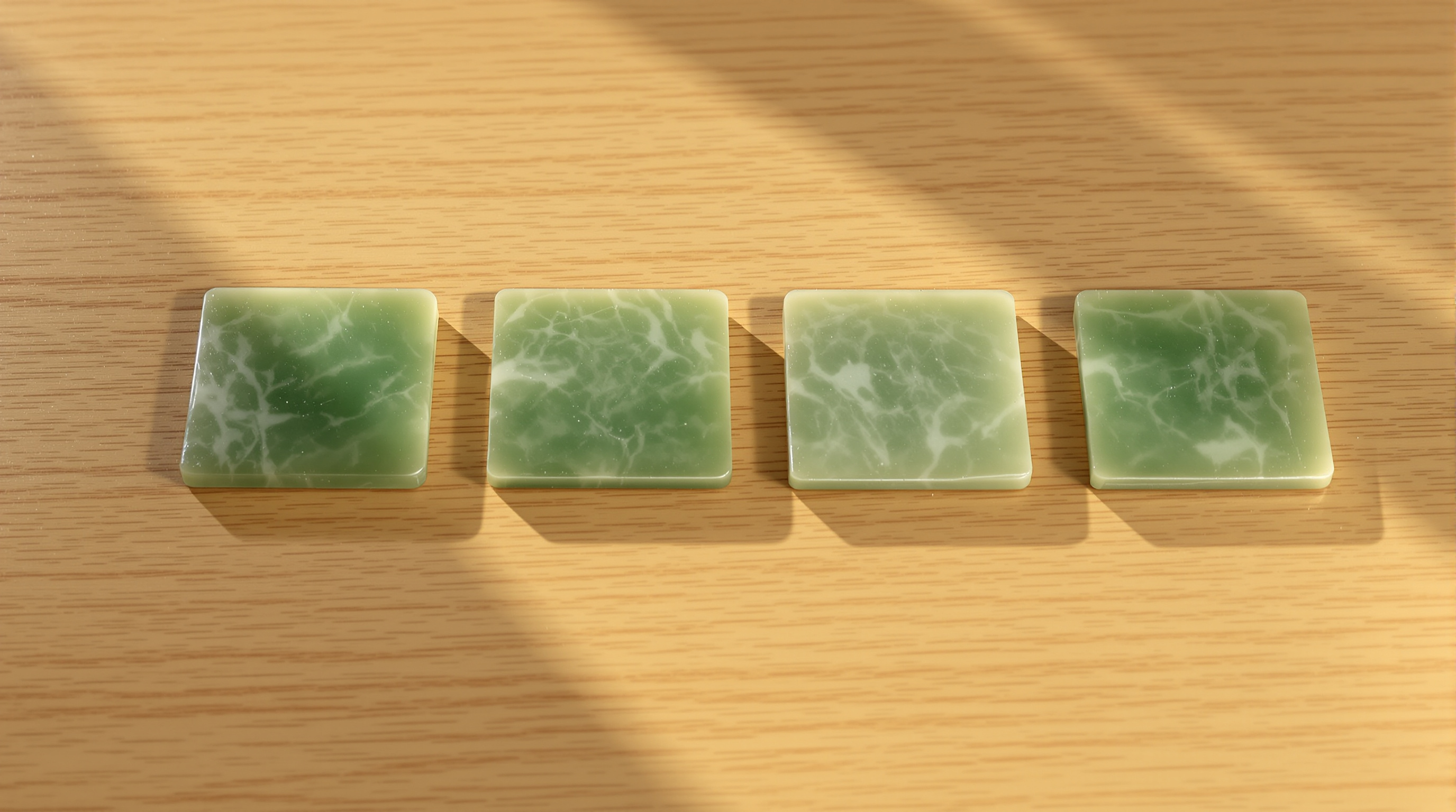 Four jade tiles laid end to end in a strict straight line on pale oak