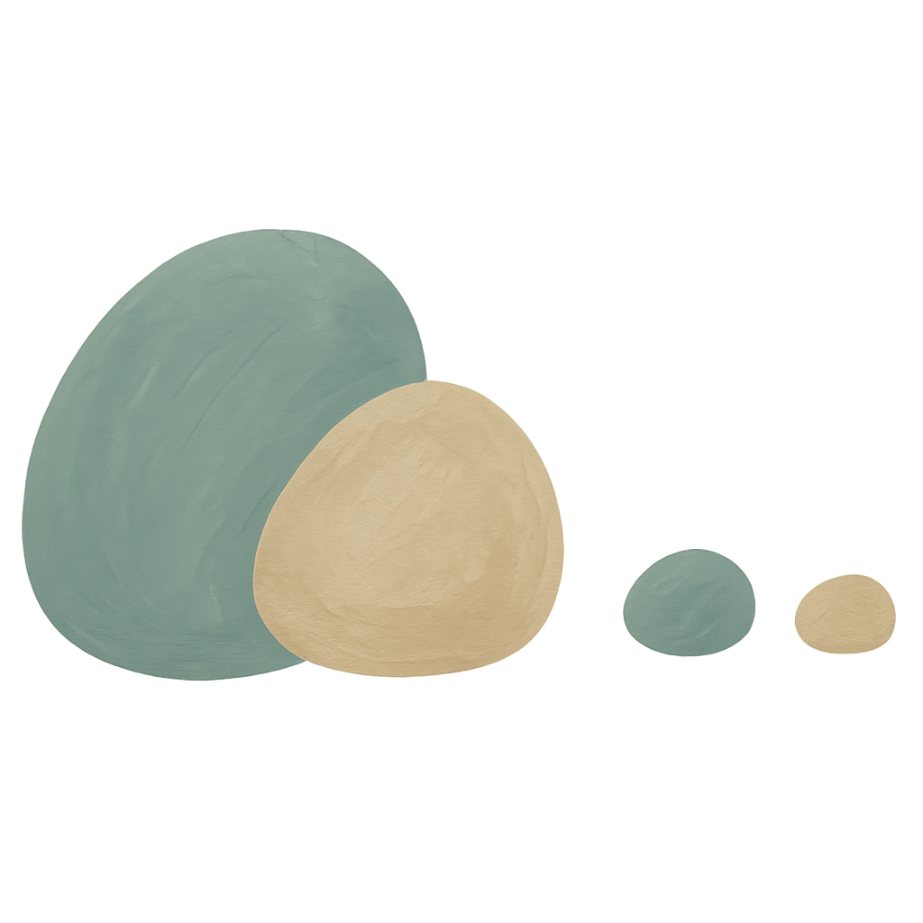 Four painted pebbles: two large ones together on the left, two much smaller ones set far apart on the right