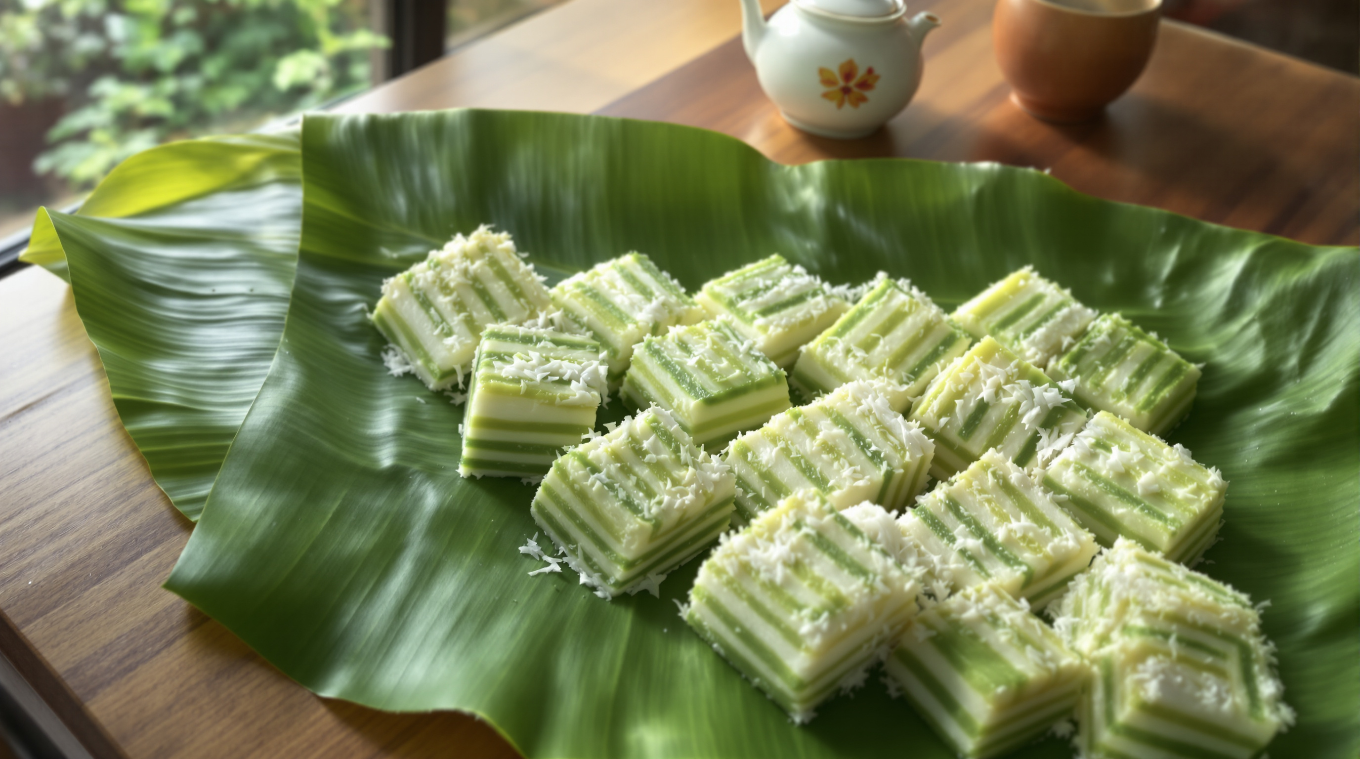 Diamonds of layered green pandan and white coconut khanom chan on a fresh banana leaf on a teak table in warm afternoon light