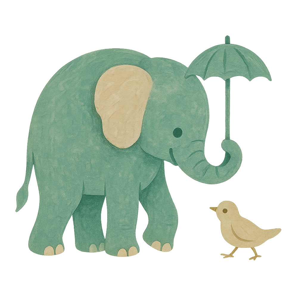 The Phayan elephant in jade gouache holding a small jade umbrella in its trunk out towards a little oat-coloured bird walking beside it