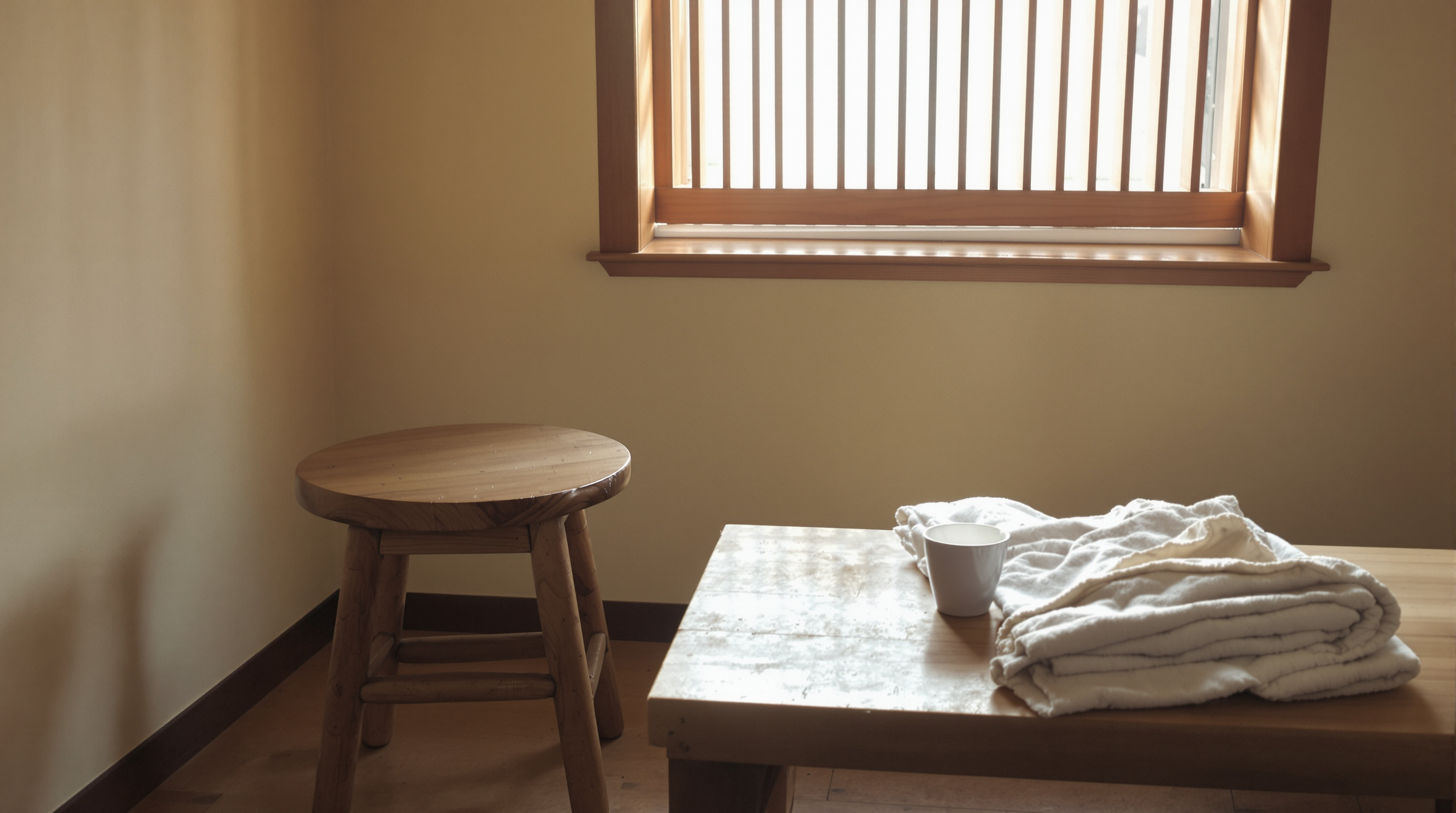 A plain wooden stool beside a low table with a clay cup and a folded cloth, in a quiet room with warm afternoon light through a slatted window