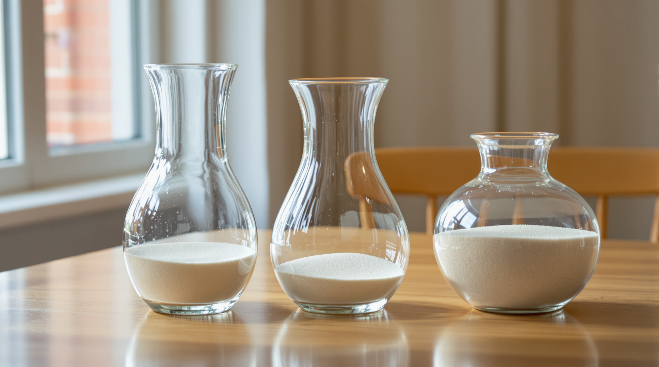 Three glass vessels of different shapes on a sunlit table, each filled with pale sand to the same height