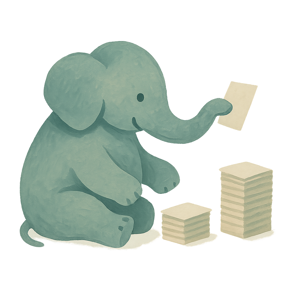 The Phayan elephant painted in jade and oat, lifting a card from a tall stack onto a finished pile beside it
