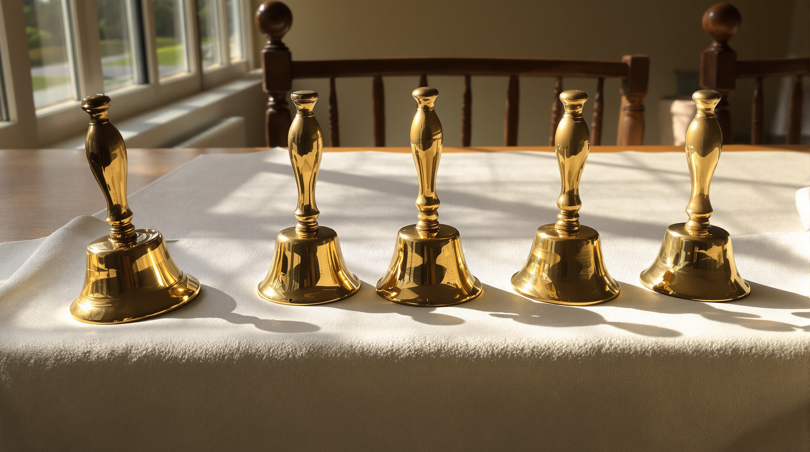Five brass hand bells standing in a row on white linen in low morning window light