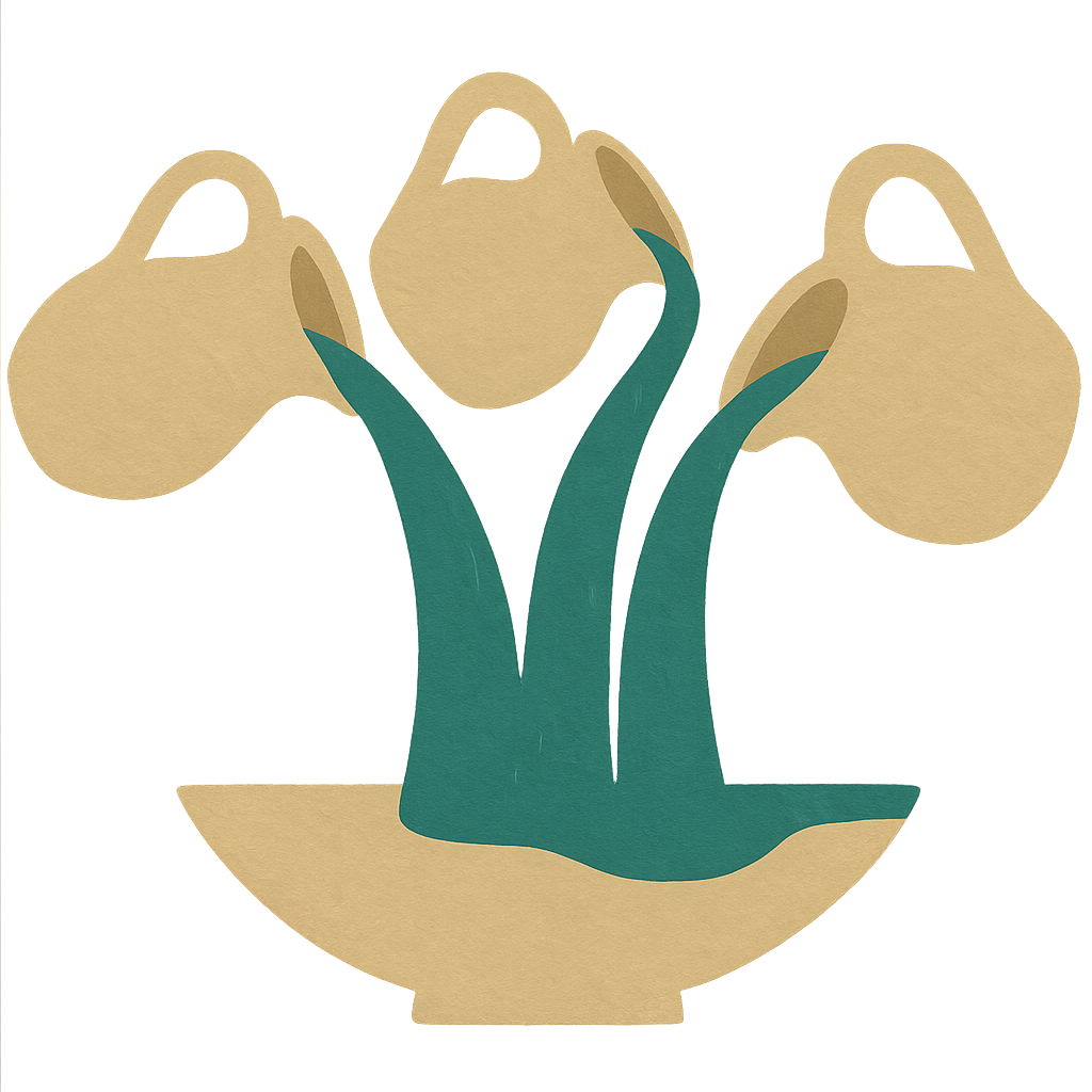 A painted illustration of three jugs tipping their contents into a single wide bowl