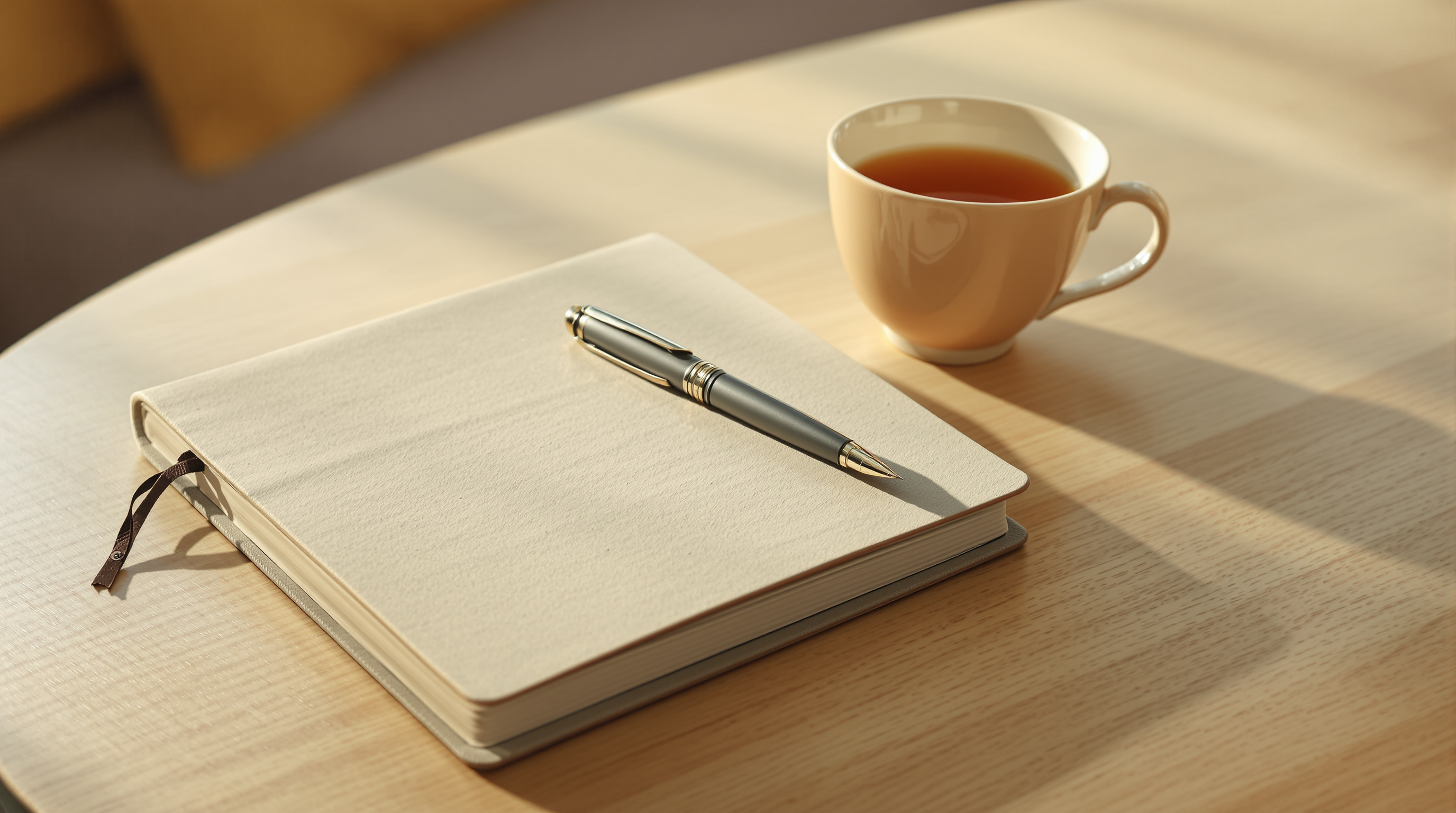 A closed notebook and a pen on an oak table in warm morning light