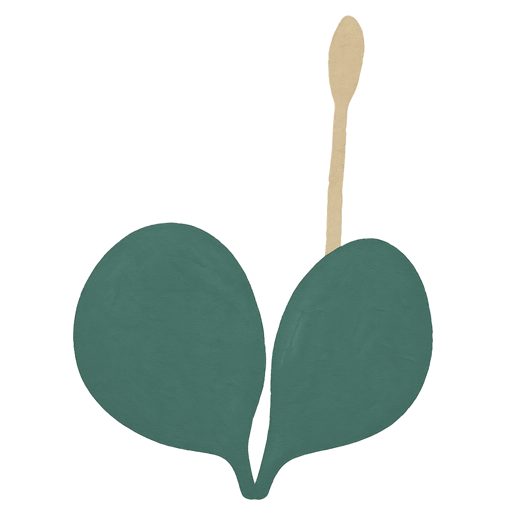 A painted pair of matching leaves, the right one carrying one extra stem rising well above it