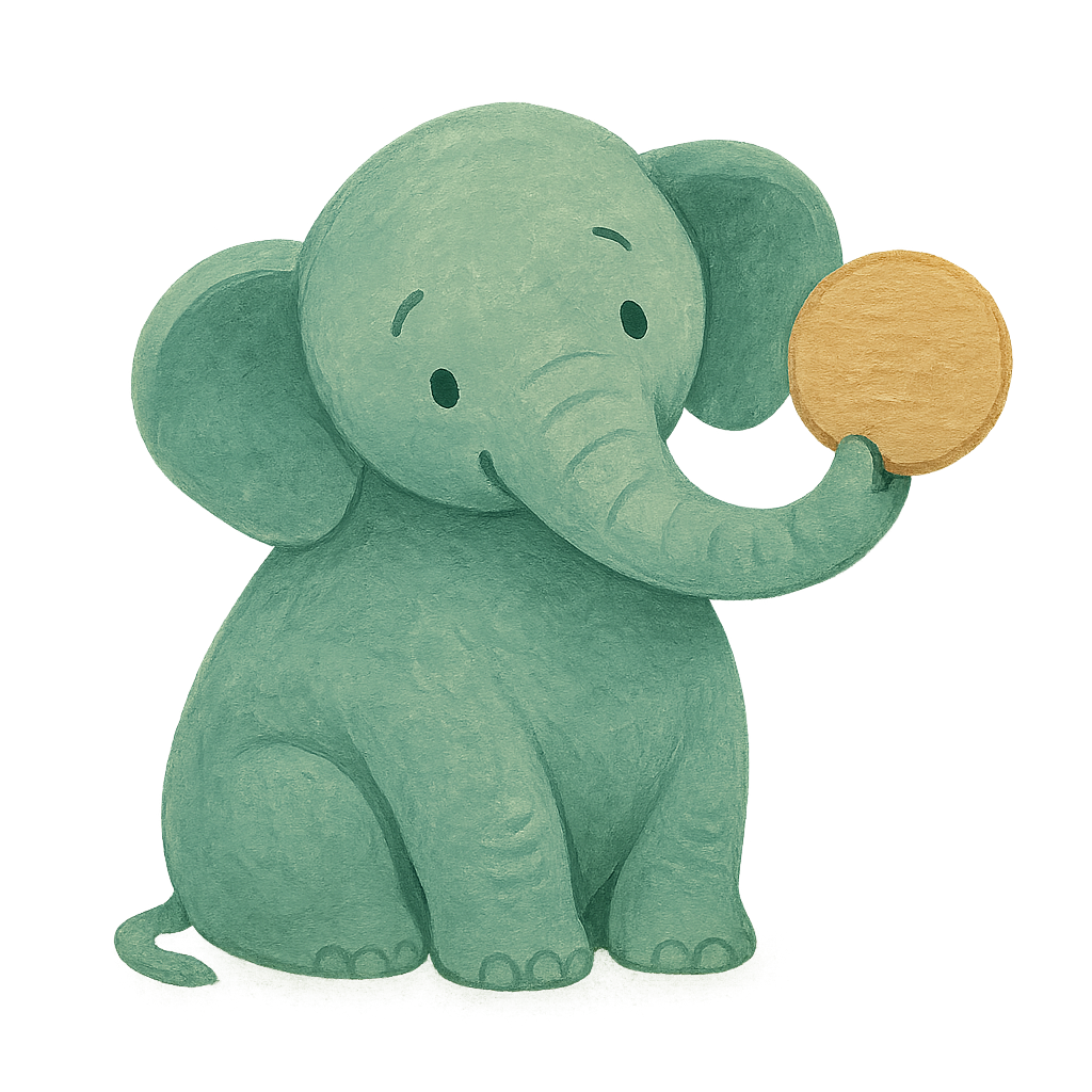 The Phayan elephant tilting its head, holding up a small blank round panel in its trunk and studying it