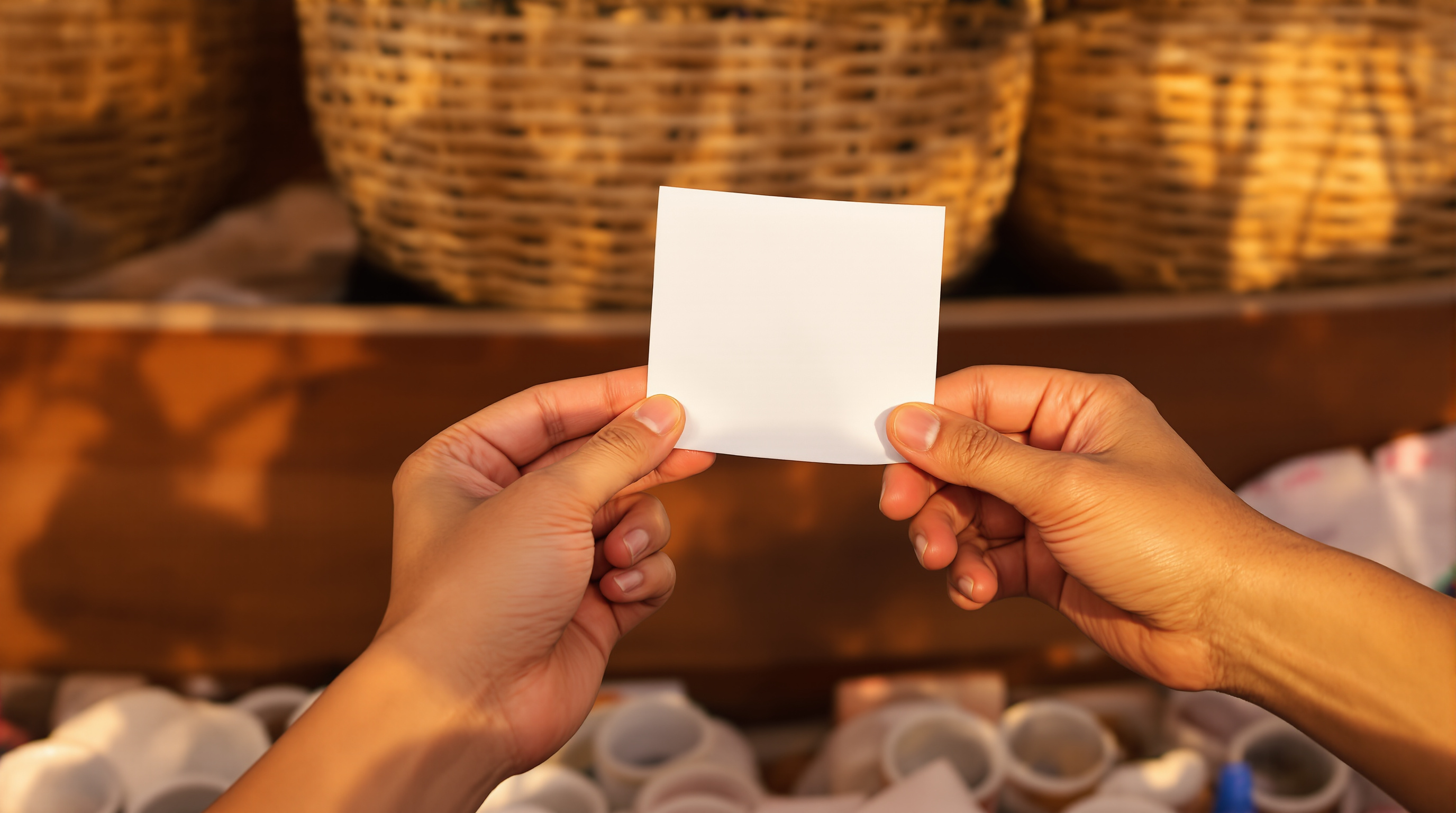 Hands at a Thai market stall holding a small folded paper slip, blank side toward the camera, warm late-afternoon light on woven baskets behind