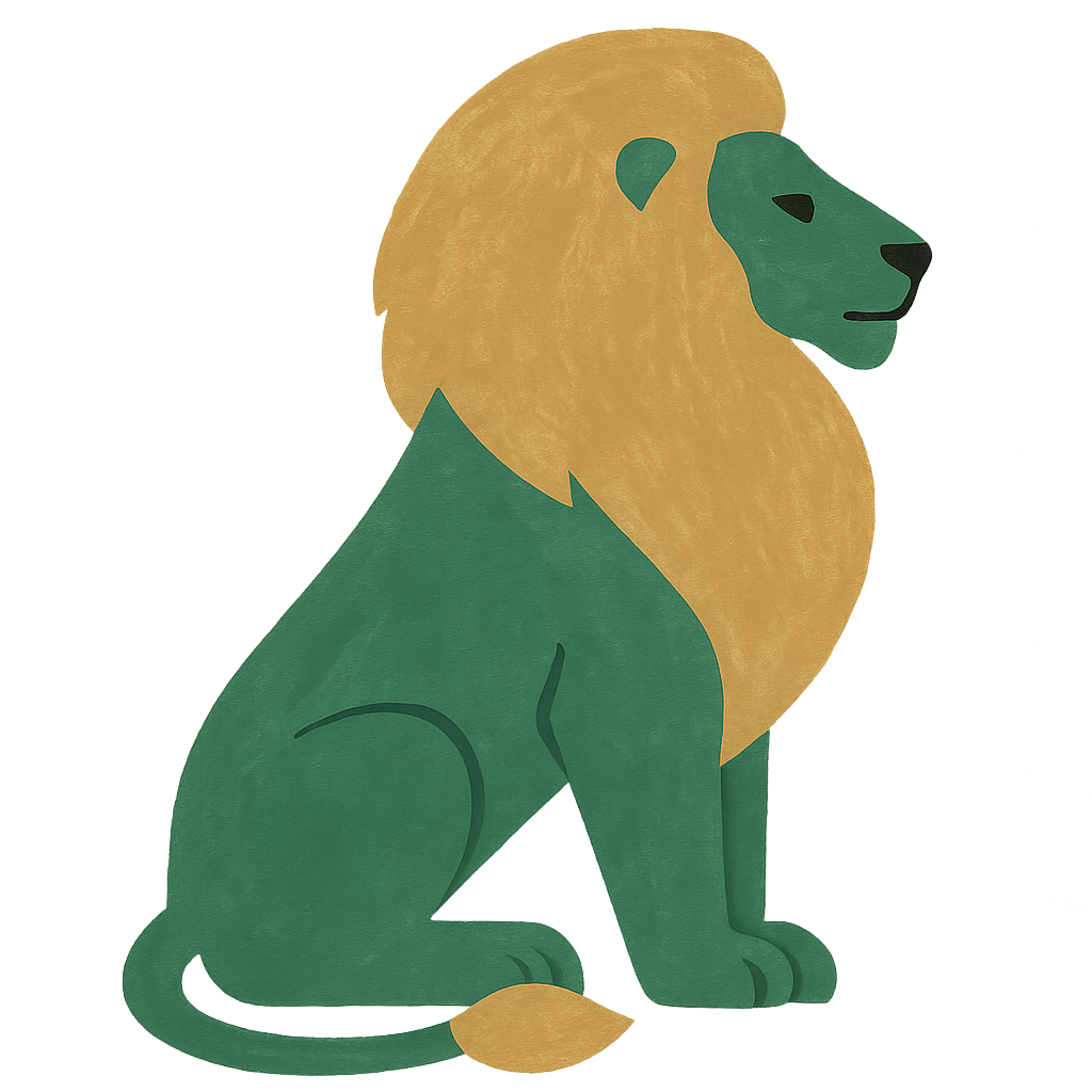 A painted gouache lion in jade with a thick oat mane, sitting in profile with its tail curled around its paws