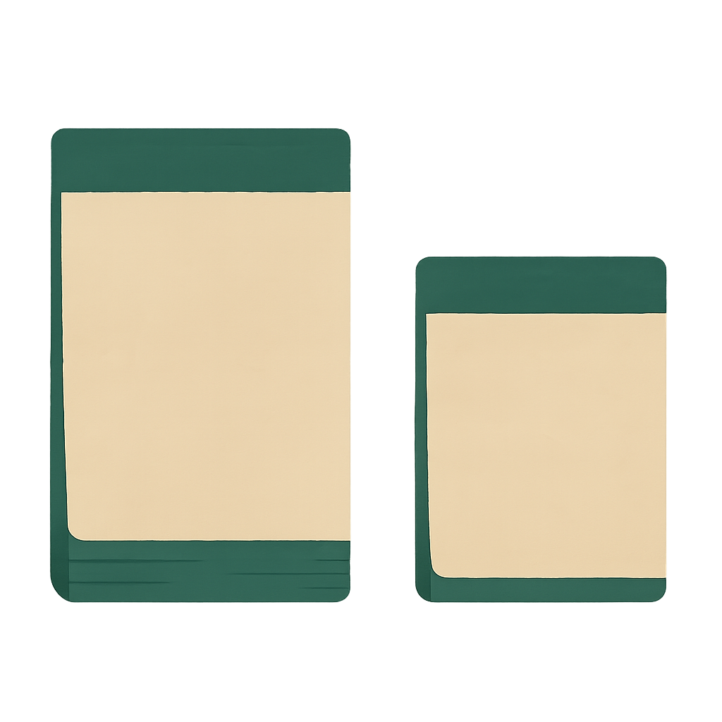 Two painted paper pads in jade green, identical but for depth — the left a deep stack of sheets, the right a shallow one