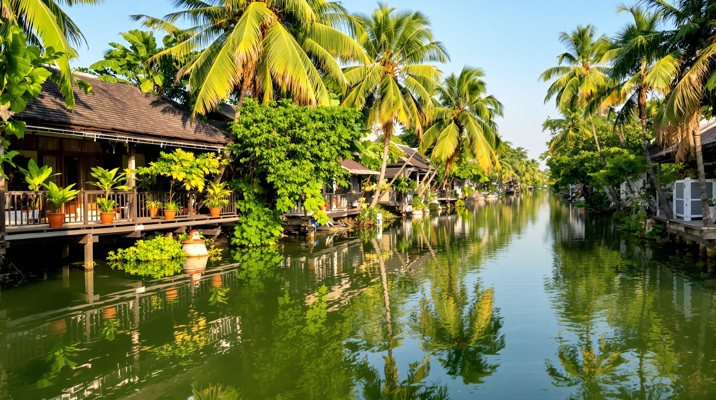 A calm green canal in warm morning sun, lined with wooden stilted houses, potted plants and coconut palms reflected in the still water