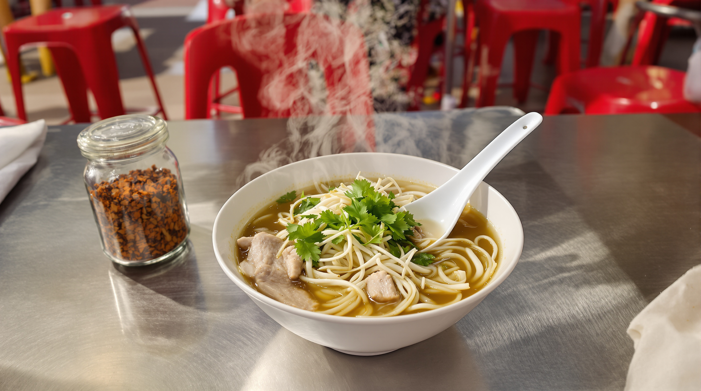 A steaming bowl of clear noodle soup with pork and coriander on a stainless steel table at an open-air noodle shop, red plastic stools behind