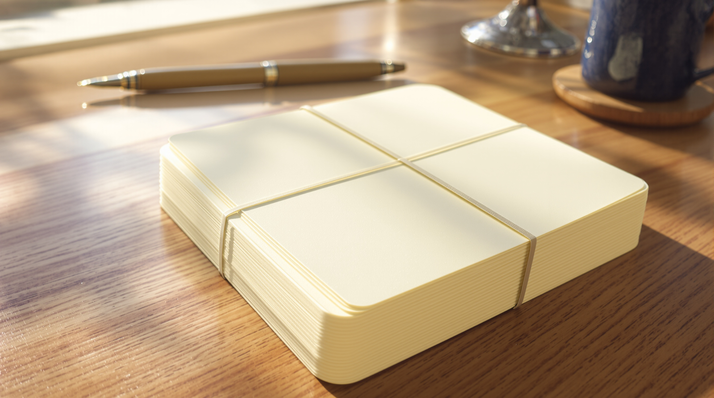 A stack of cream flashcards bound with a rubber band on a sunlit wooden desk