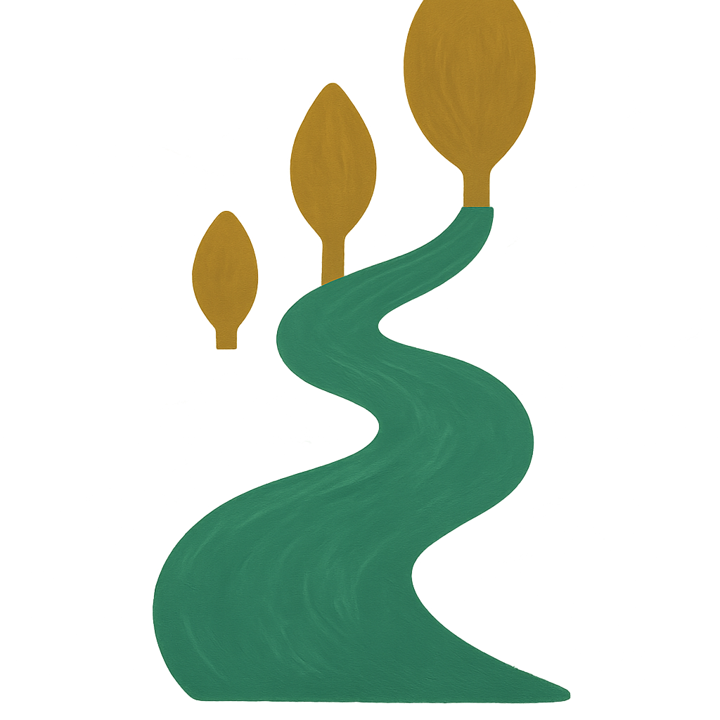 A winding jade path climbing past three oat markers of increasing size