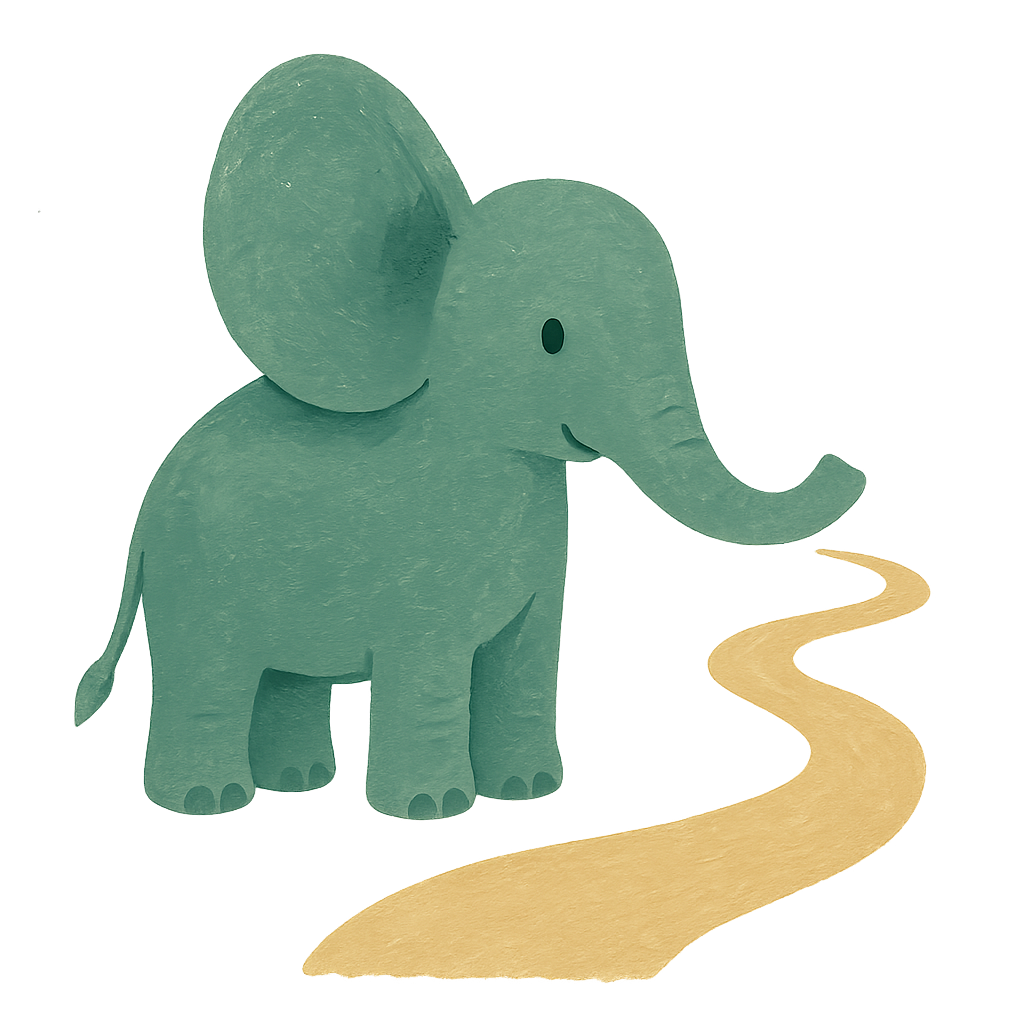 The Phayan elephant at the start of a winding path, one ear cupped forward listening