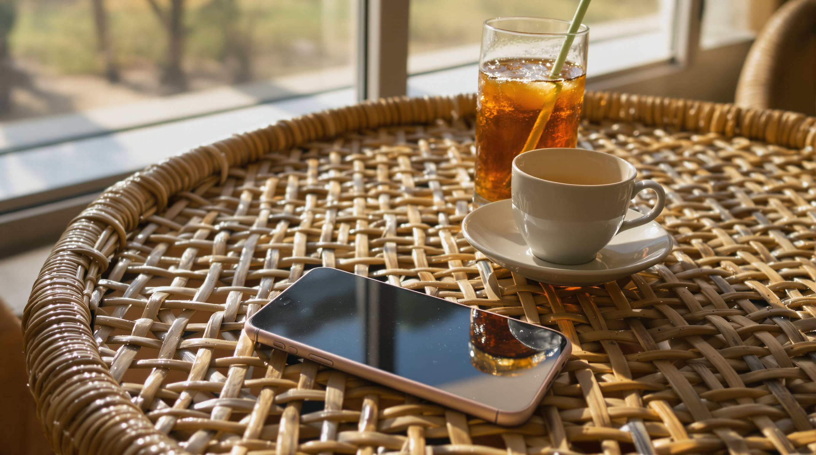 A phone lying face up on a woven rattan table beside a glass of iced tea and a coffee cup in afternoon light