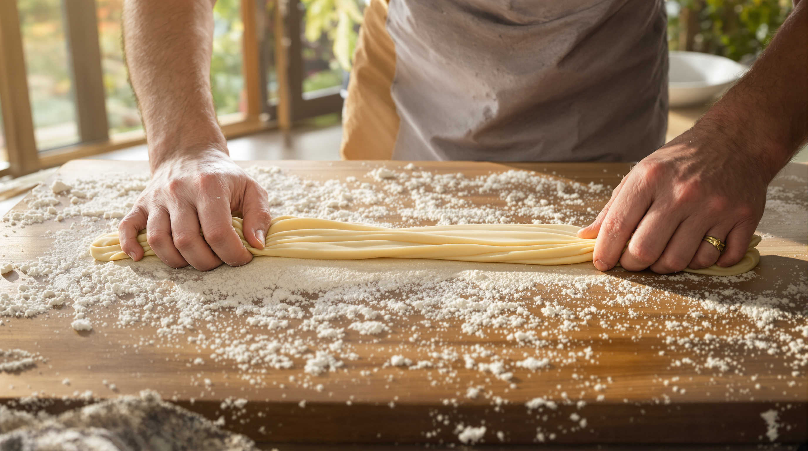 Two hands drawing a rope of pale dough out long across a floured wooden board by a bright window