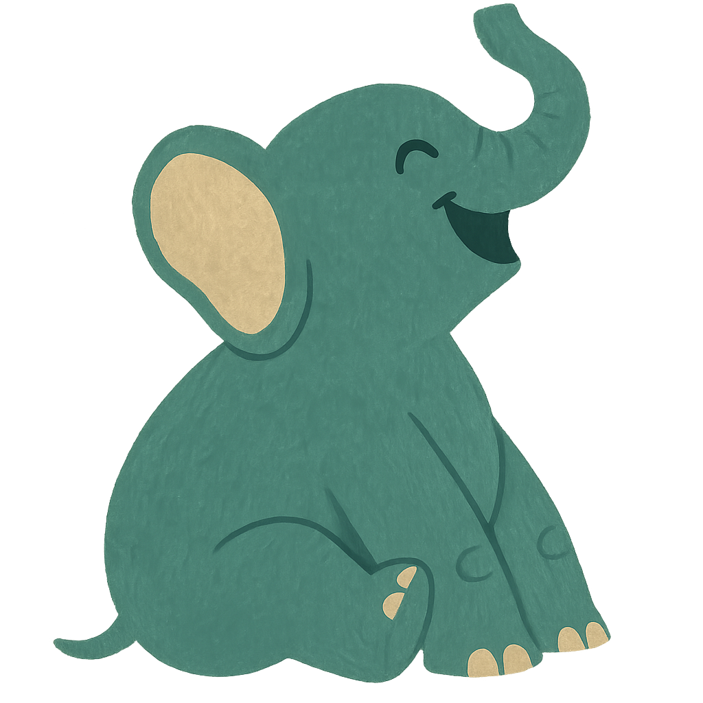 A painted teal elephant sitting back with its trunk raised and its eyes squeezed shut, laughing