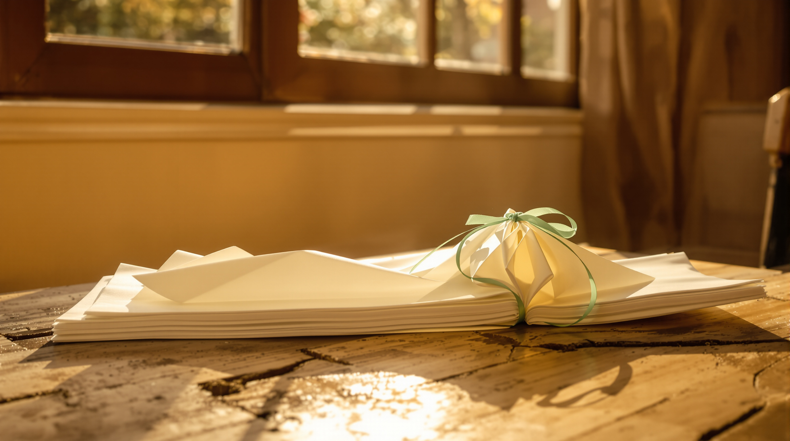 A long cream paper concertina folded flat and tied shut with a jade ribbon, on a worn wooden table in warm window light