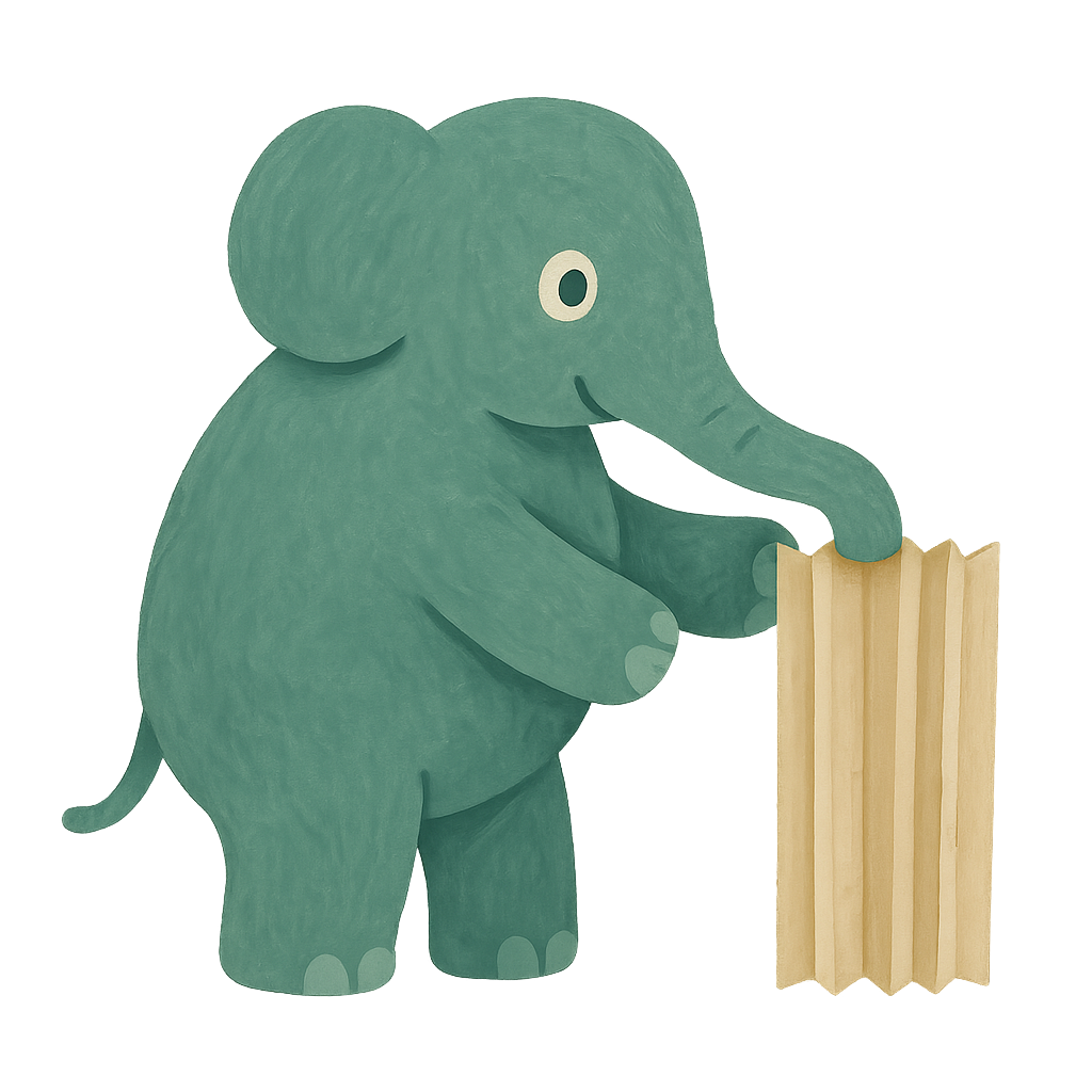 The Phayan elephant holding a tall folded paper concertina pressed shut with its trunk, keeping it at a fraction of its full length