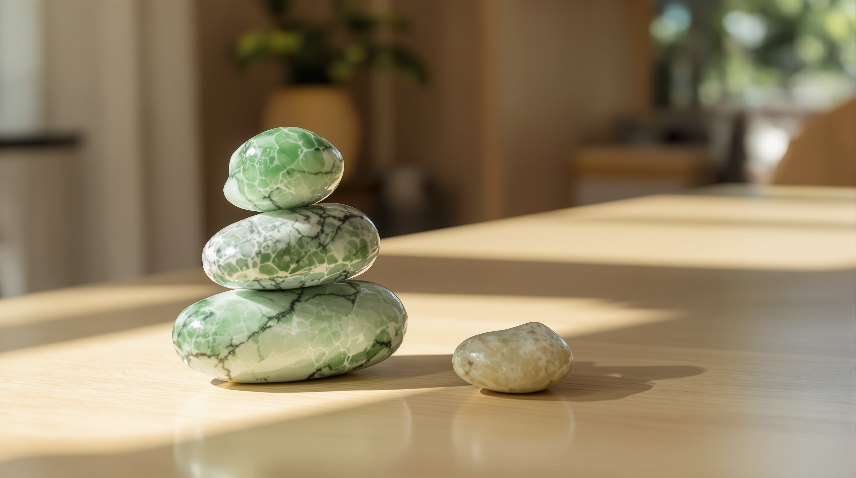 Three jade stones balanced in a tall stack beside a single low stone of the same kind