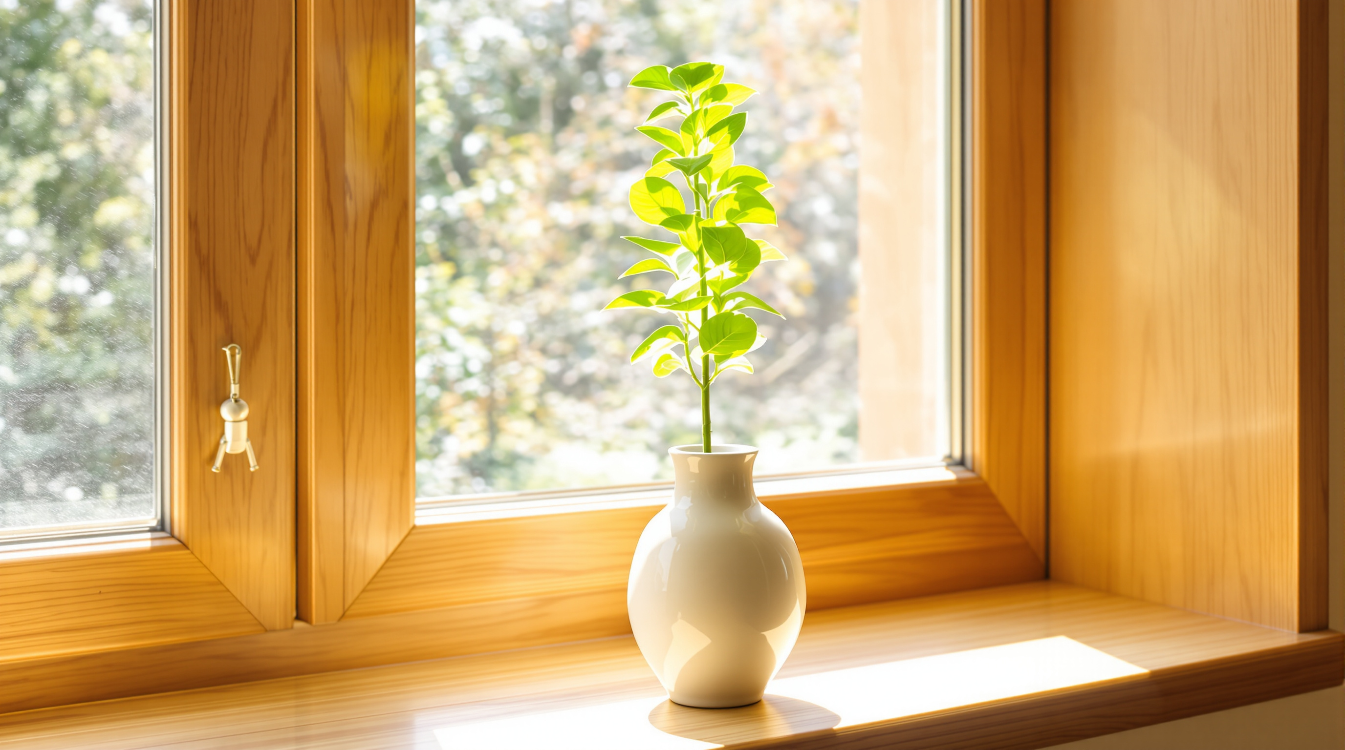A tall stem of leaves in a low vase on a sunlit windowsill, rising far above the rim