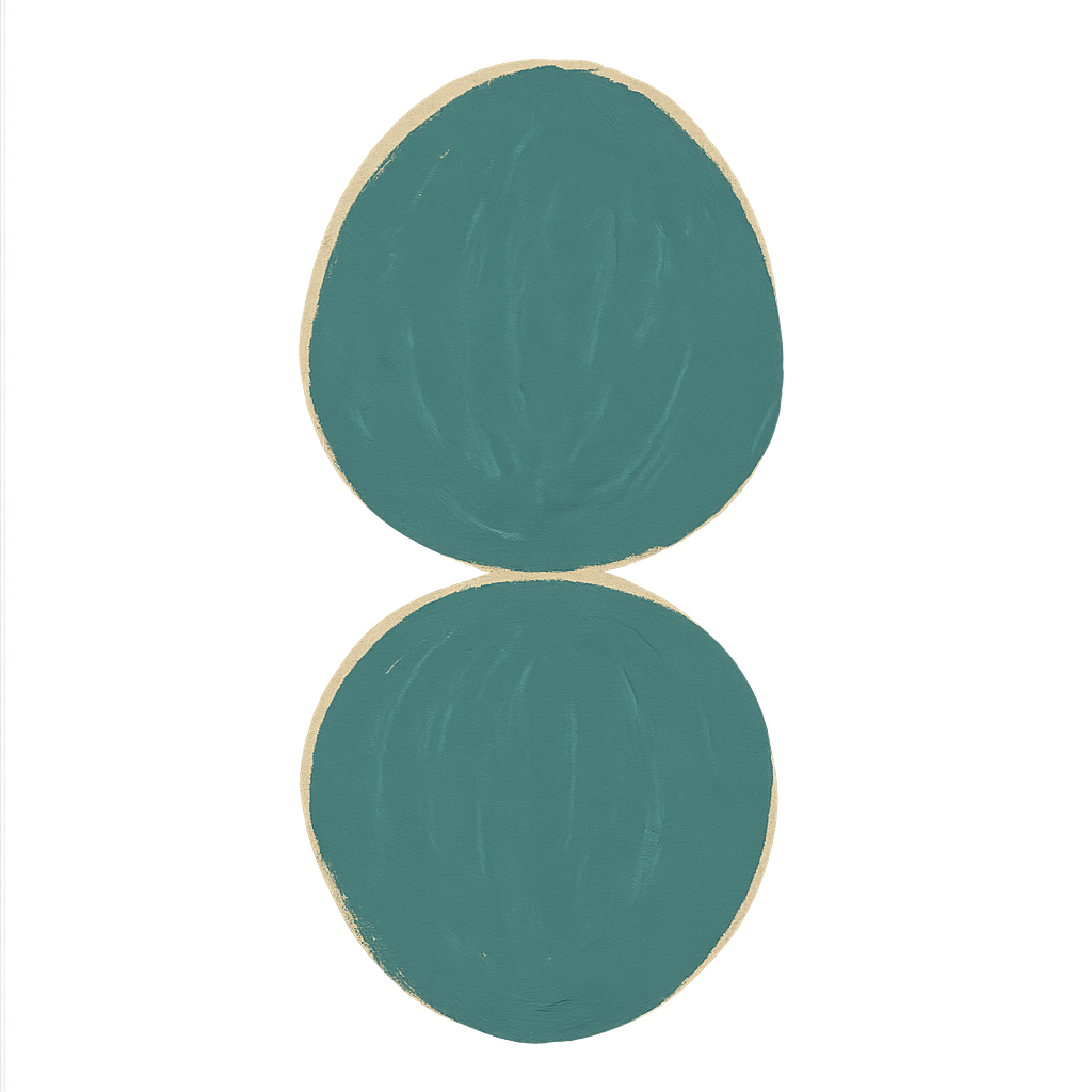 Two painted rounded shapes stacked one above the other, separated by a very narrow band of space