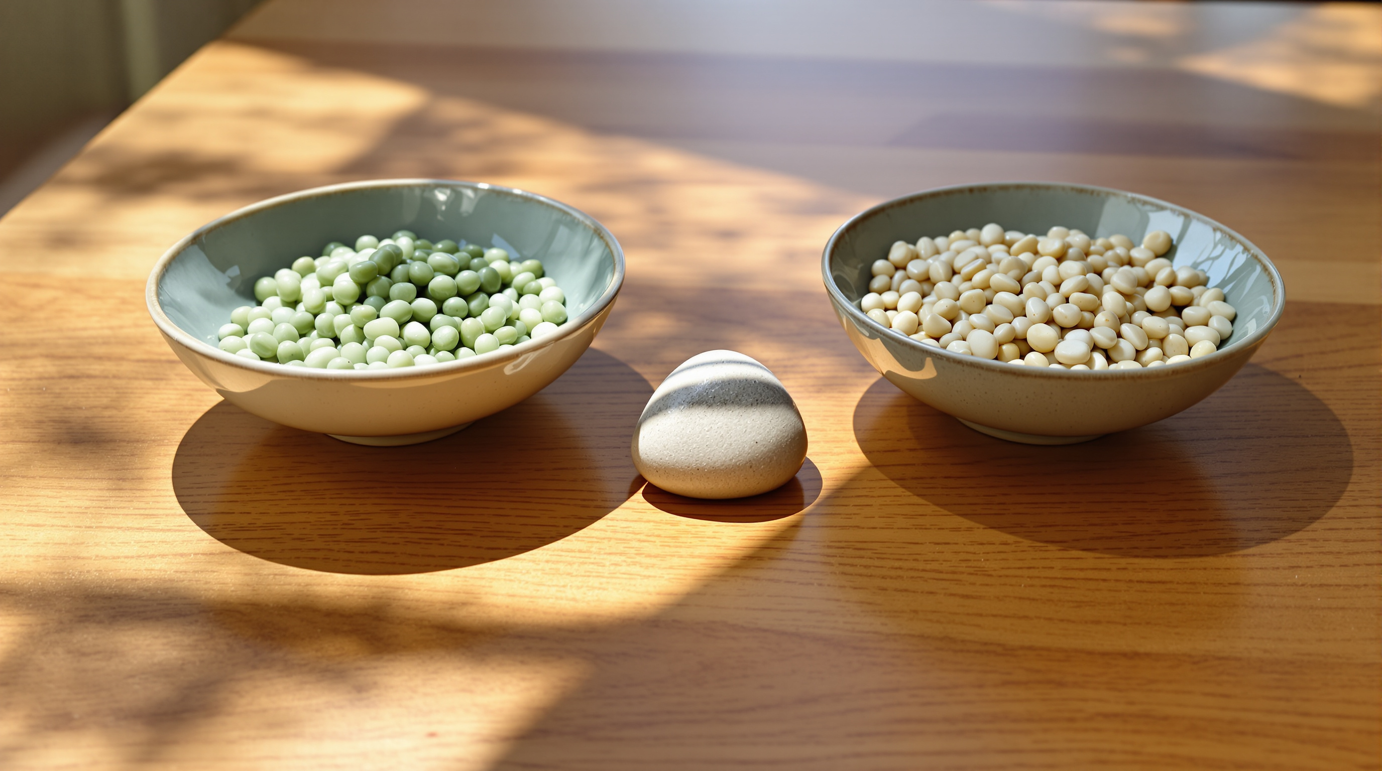 Two shallow celadon bowls of pale green and cream pebbles on a sunlit wooden table, with one larger banded pebble resting on the bare wood between them
