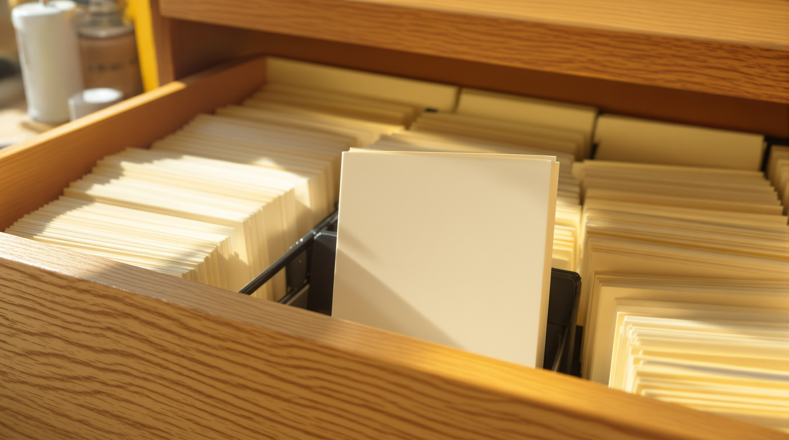 An open wooden card index drawer in warm sunlight, packed with blank cream cards, one standing proud at the back of a group