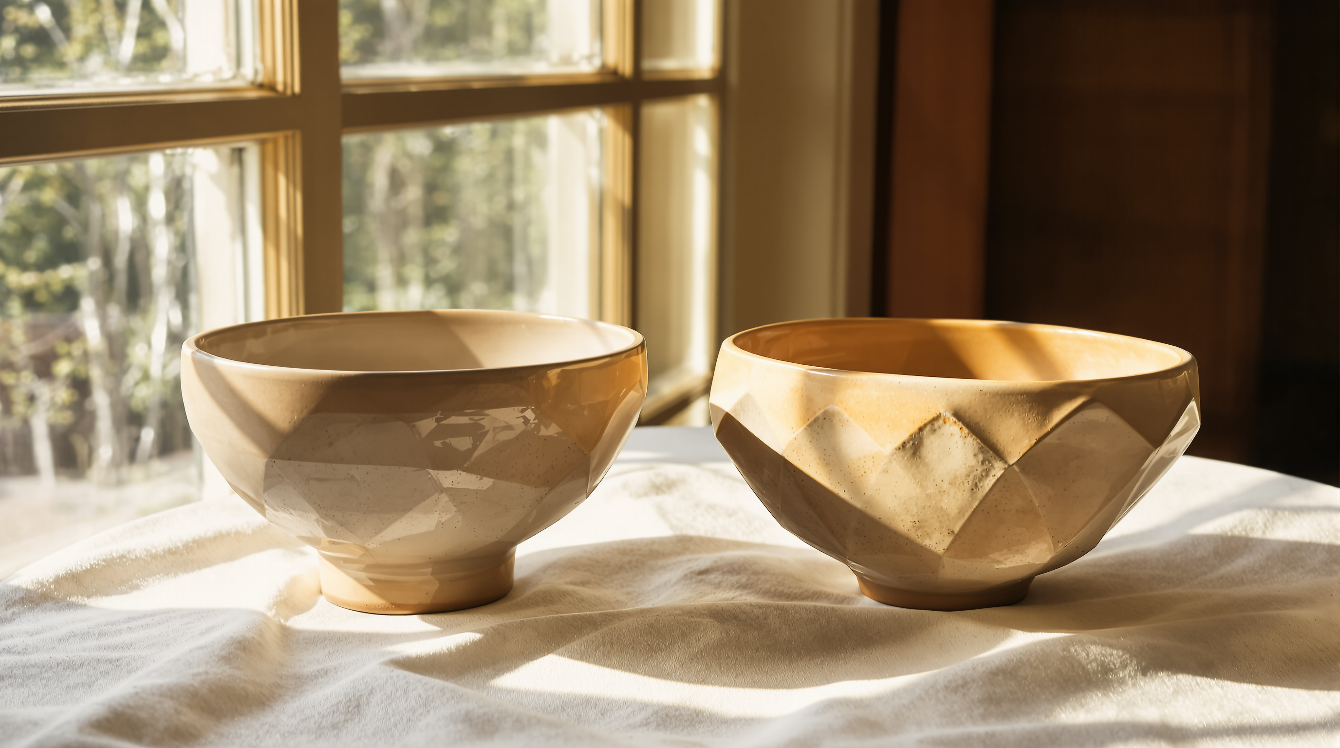 Two bowls thrown from the same clay, one with a rounded rim and one with a faceted, angular rim.
