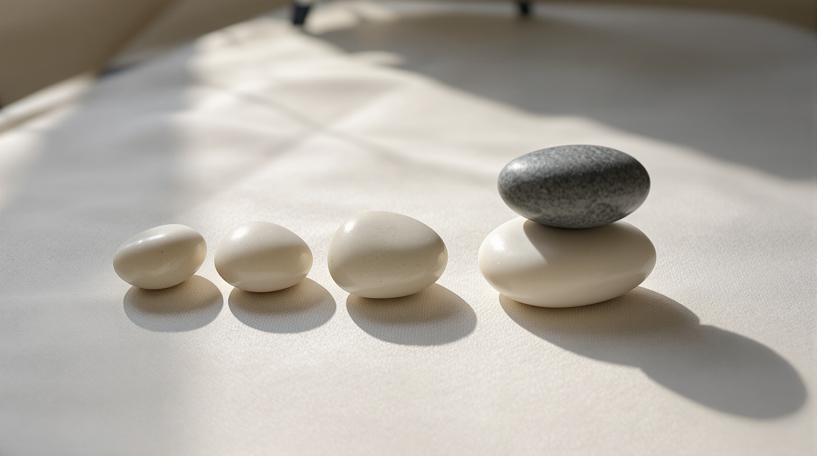 Four pale river pebbles laid out in a line on linen cloth in warm window light, with a darker grey pebble resting on the last one