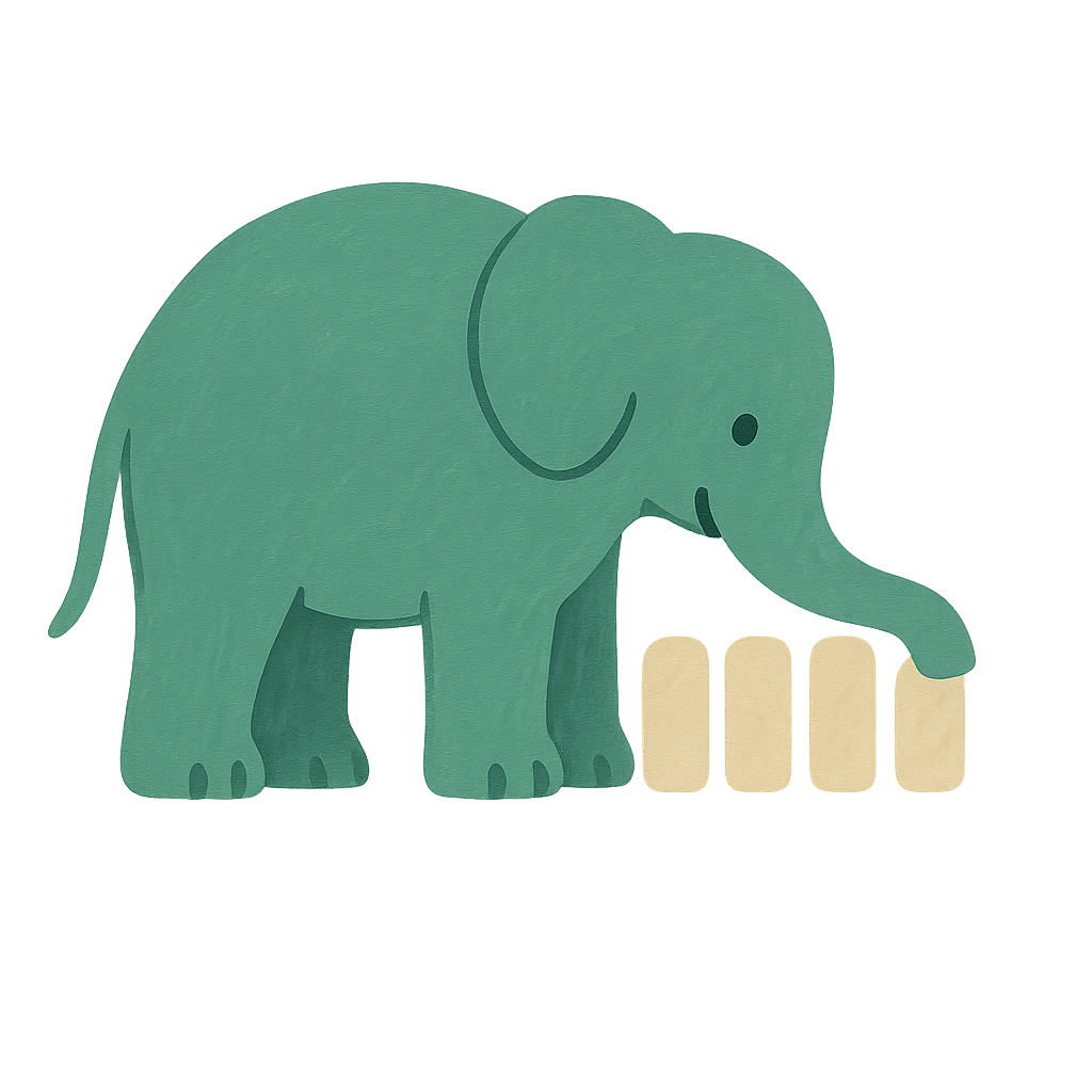 The Phayan elephant resting the flat of its trunk gently over the last of a short row of oat-coloured blocks, quieting it