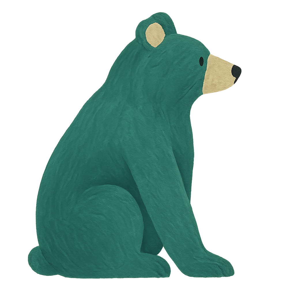 A painted gouache bear in jade with a pale oat muzzle, sitting upright in profile