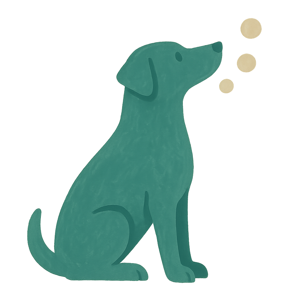 A painted gouache dog sitting with its muzzle tilted up, three dots rising in a diagonal beside it